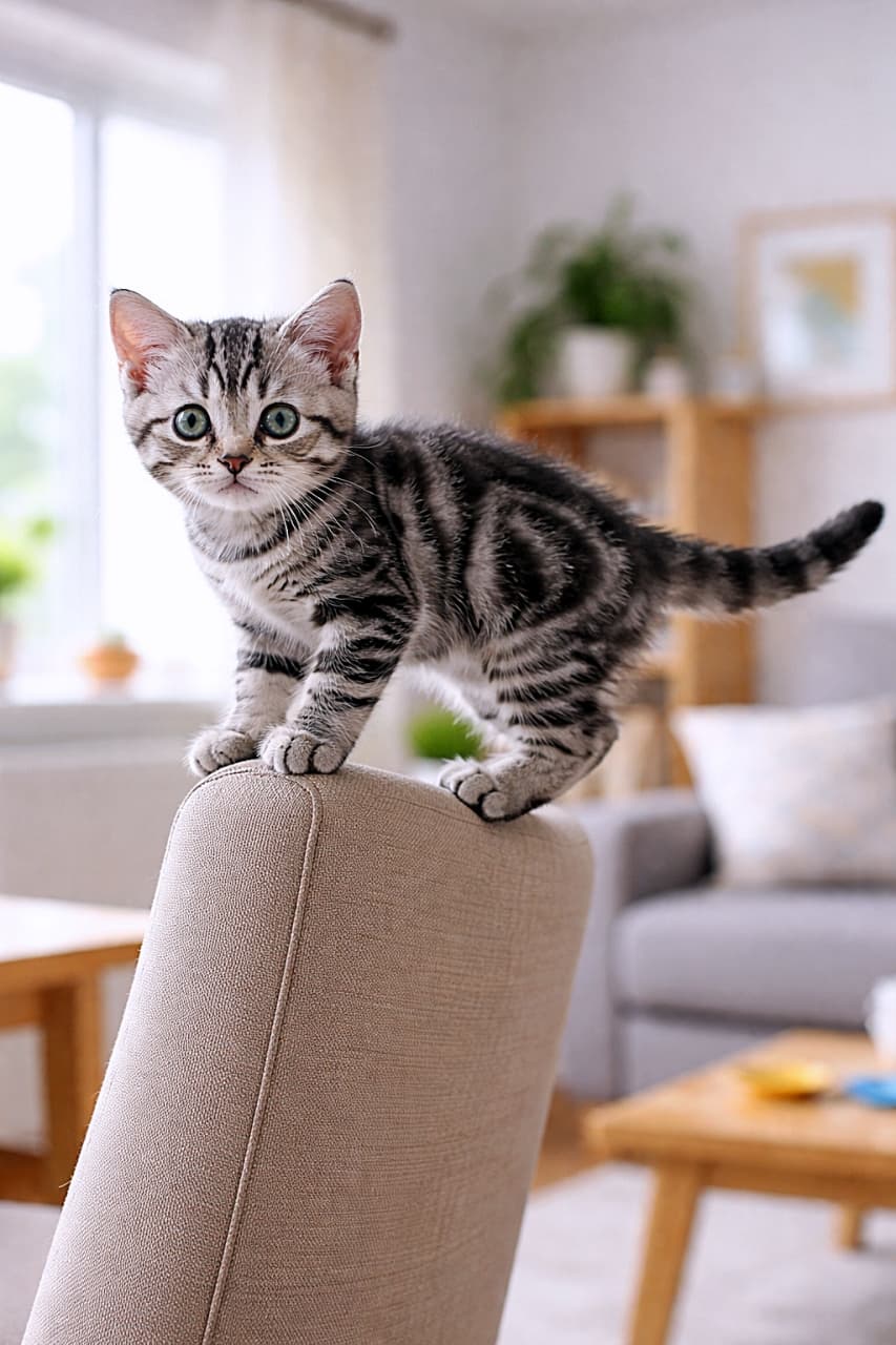 「背もたれの上はボクの特等席!今日もバランス感覚は満点です🐾✨」An American Shorthair kitten balancing on the top edge of a chair back, tail stretched out for balance, in a bright and cozy indoor living room. 明るい室内のリビングで、椅子の背もたれの上に乗り、しっぽを伸ばしてバランスを取っているアメリカンショートヘアの子猫