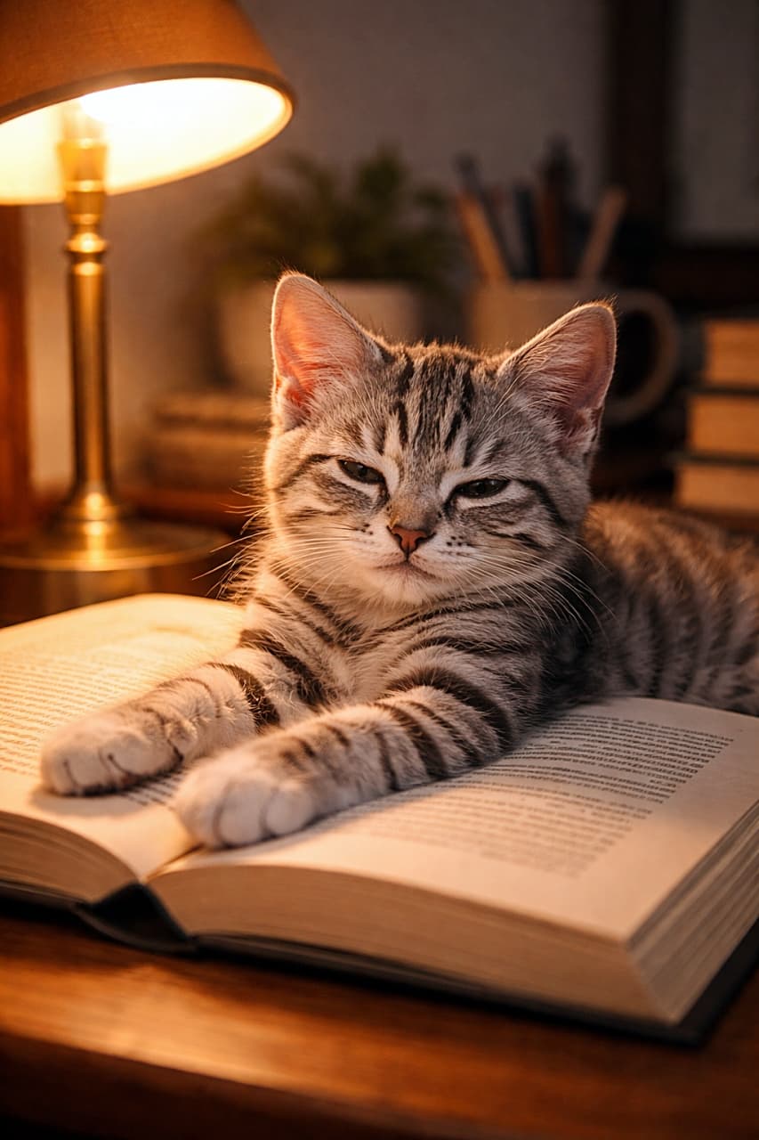 「本より居心地良い場所発見!ランプの光でうとうと子猫」Realistic American Shorthair kitten lying across an open book, eyes half-closed, bathed in warm desk lamp light, cozy study scene. 開いた本の上でくつろぐアメリカンショートヘアの子猫、目を半閉じにして暖かいデスクランプの光に包まれる居心地の良い机上の風景