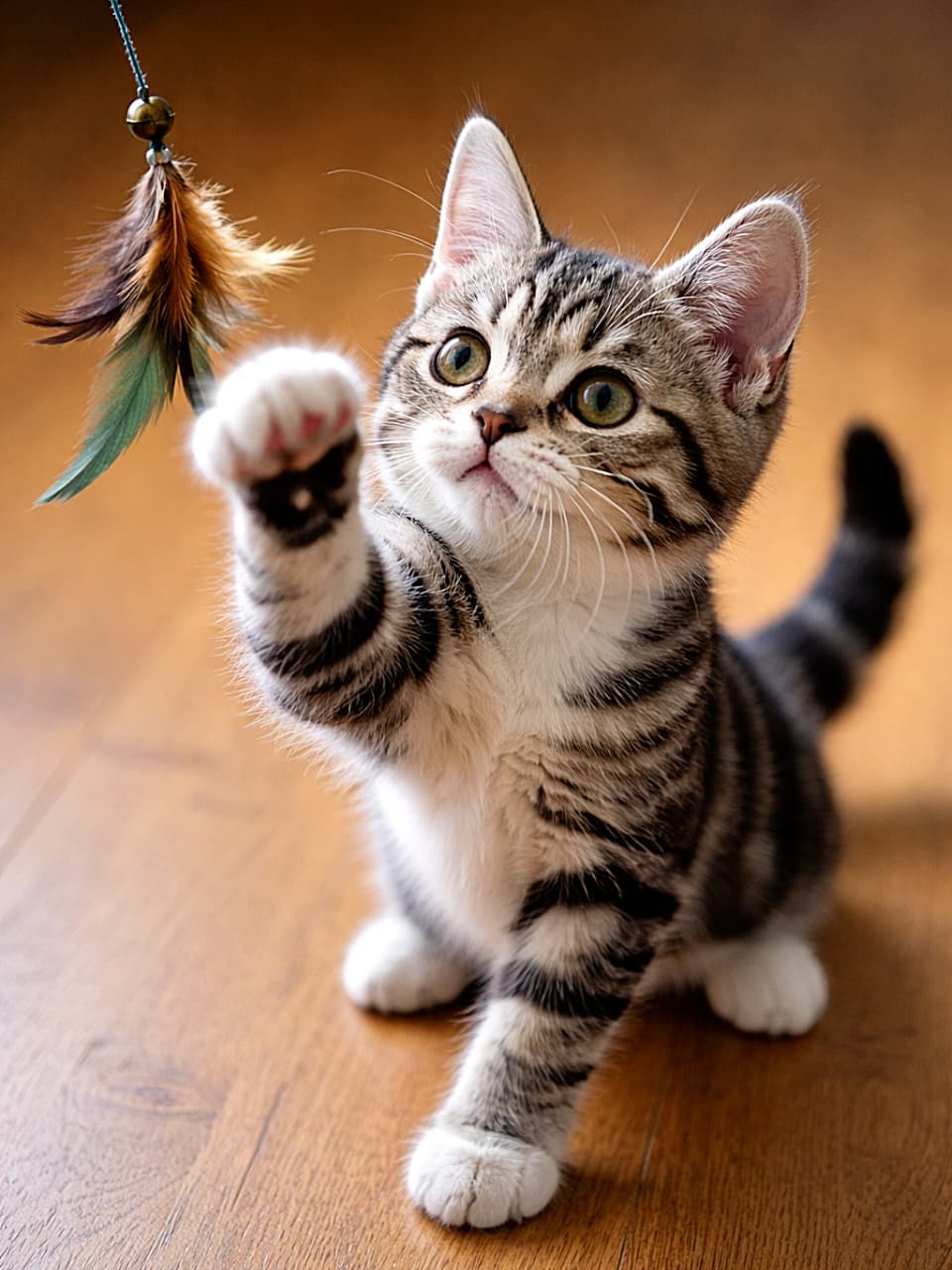 「本気モード発動!ちびパンチ炸裂の瞬間🐾✨」Realistic American Shorthair kitten playfully throwing a paw punch at a dangling feather toy, ears perked and eyes wide, sitting on a wooden floor. 木製フローリングの上で、ぶら下がる羽のおもちゃに前足でパンチするアメリカンショートヘアの子猫。耳を立て、目を大きく開いて遊んでいる様子