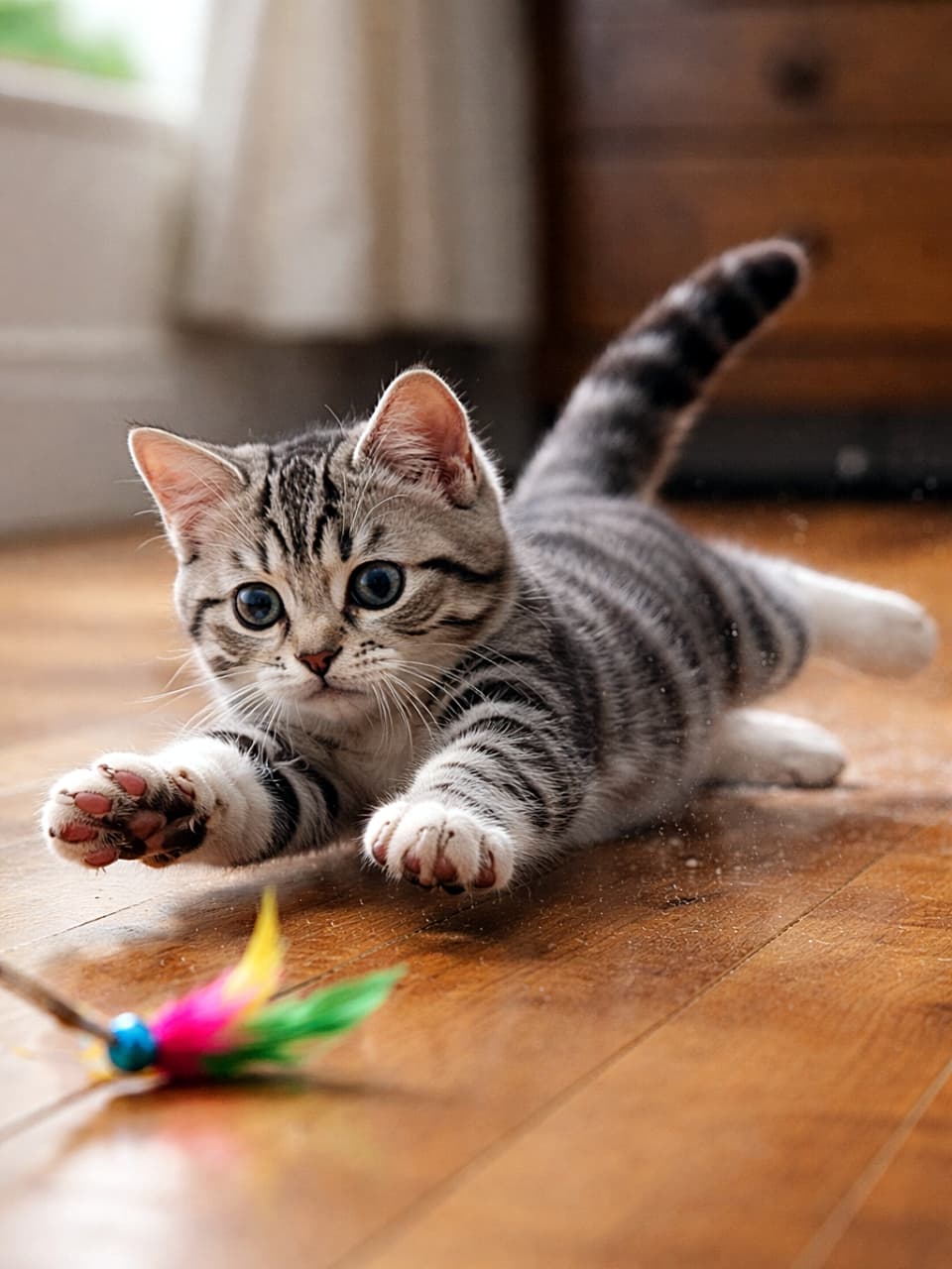 「止まらニャい!全力スライディング発動中!」An American Shorthair kitten sliding across a wooden floor with paws outstretched, chasing a colorful feather toy, playful energy captured mid-action in soft natural light. 木の床の上を前足を伸ばして滑りながら、カラフルな羽のおもちゃを追いかけるアメリカンショートヘアの子猫。柔らかな自然光の中で躍動感あふれる瞬間