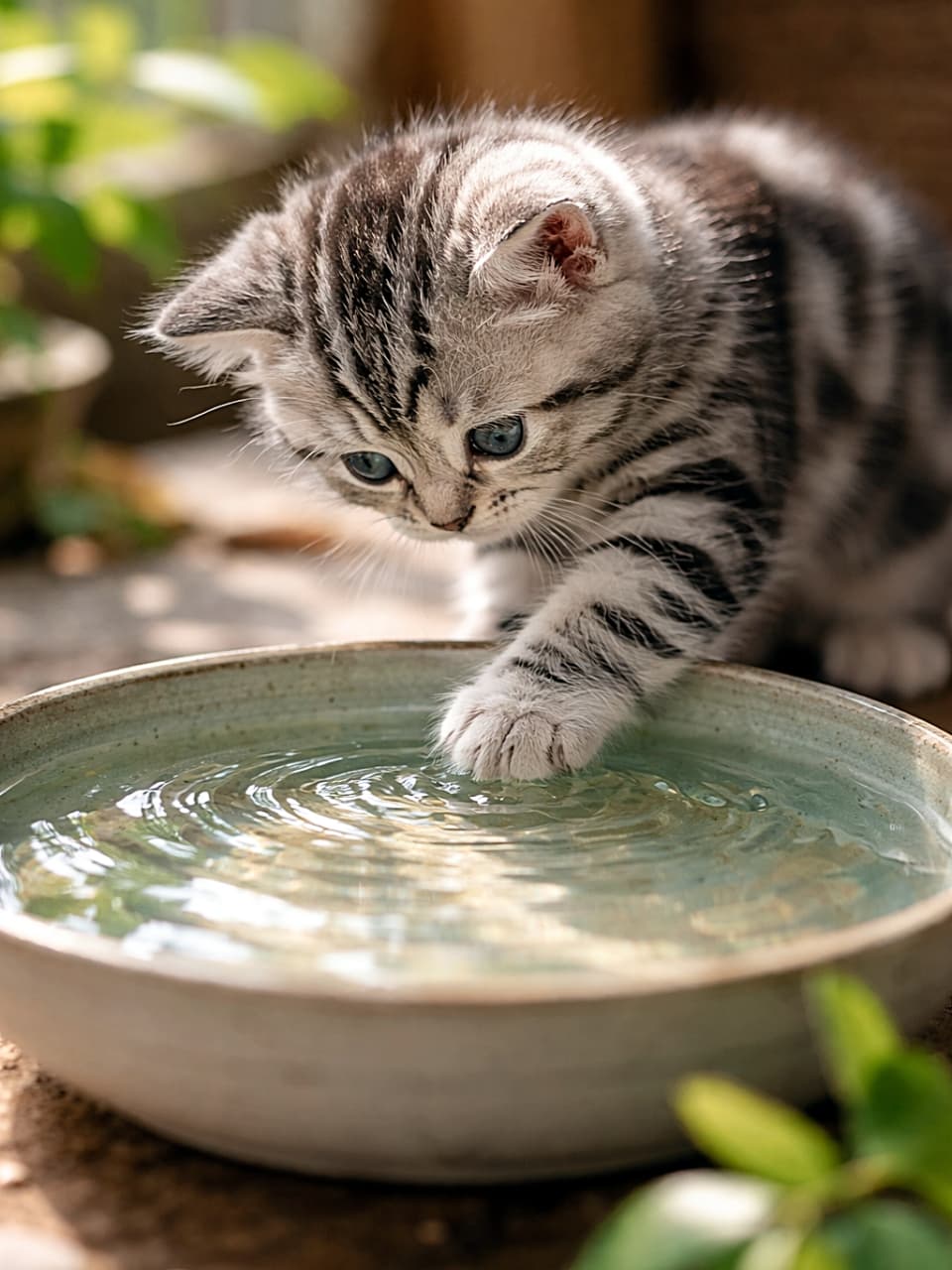 「おててで実験中!きらきら水面と初対面の瞬間✨」American Shorthair kitten gently tapping its paw into a shallow bowl of water, watching the shimmering ripples in natural sunlight. 浅い器の水に前足をちょんと入れ、水面の揺れる反射を見つめるアメリカンショートヘアの子猫。自然光がやわらかく差し込んでいる