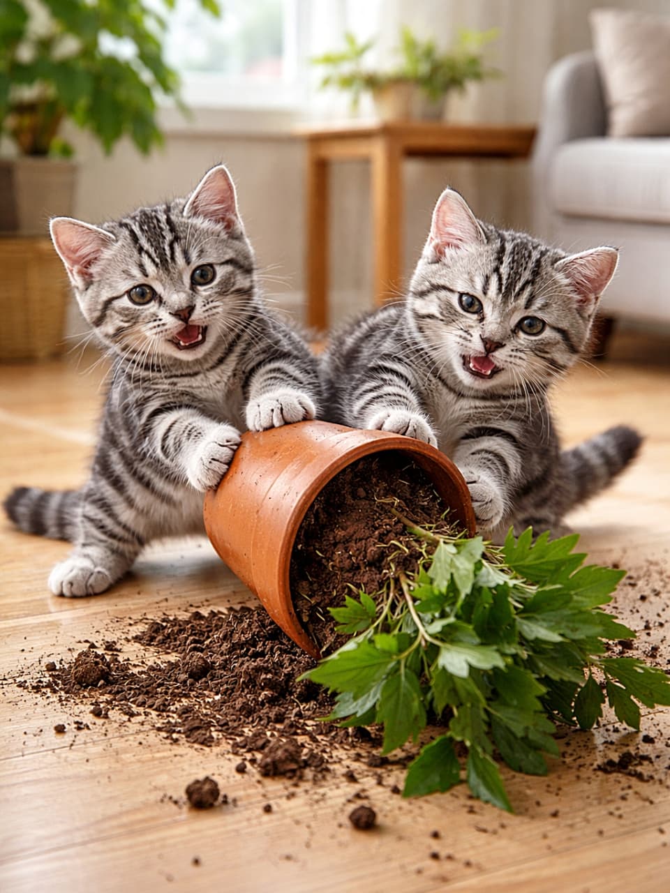 「共犯にゃんず、計画的鉢倒し作戦発動!」Two mischievous American Shorthair kittens working together to tip over a small terracotta potted plant, soil spilling across a wooden floor in a sunlit living room. 日差しの差し込むリビングで、小さなテラコッタ鉢を一緒に倒し、床に土をこぼしているいたずら顔のアメリカンショートヘアの子猫2匹