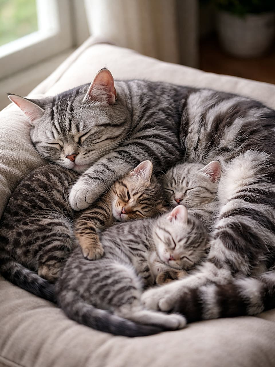 「母猫にぎゅっと抱かれて、子猫たちもぐっすり夢の中♪」Ultra realistic American Shorthair mother cat curled around four sleeping kittens on a soft cushion, bathed in natural daylight. 柔らかいクッションの上で、自然光に包まれて眠る子猫4匹を優しく抱くアメリカンショートヘアの母猫