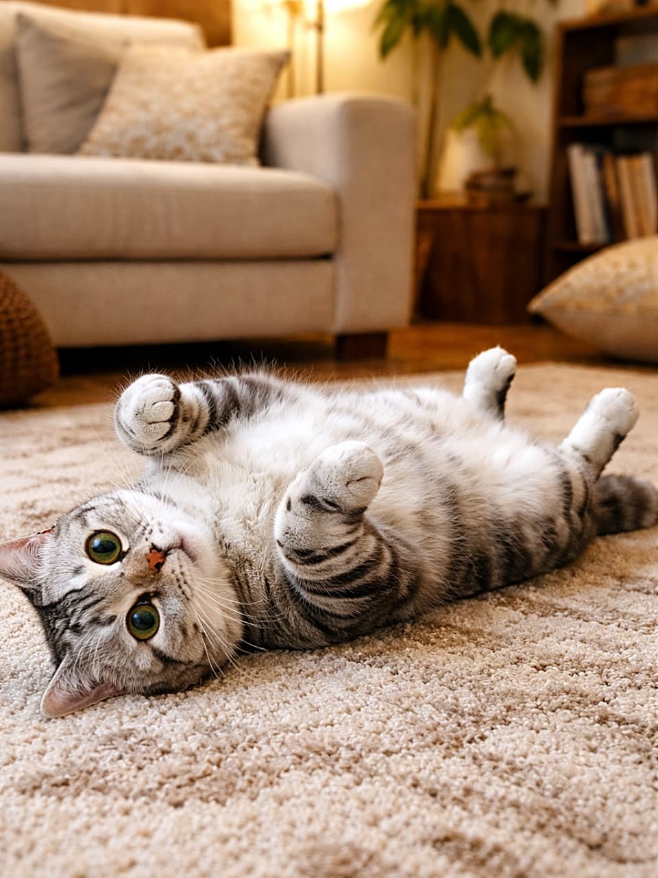 「ふわふわお腹を見せてゴロゴロ♪リビングでくつろぐにゃんこ」playful American Shorthair cat lying on its back, fluffy belly up, paws curled, in a cozy living room. 居心地の良いリビングで仰向けに寝そべり、ふわふわのお腹を見せて遊ぶアメリカンショートヘア
