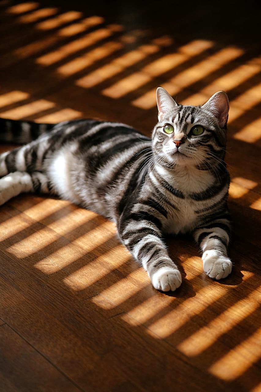 「しましま日差しと、しましま毛並み。光で遊ぶ午後のにゃんこ時間」American Shorthair lying on a wooden floor with striped sunlight shadows cast across its silver tabby fur, artistic play of light and shadow. 縞模様の陽光が差し込む木の床に寝そべるアメリカンショートヘア。シルバータビーの毛並みに光と影が美しく映える一枚