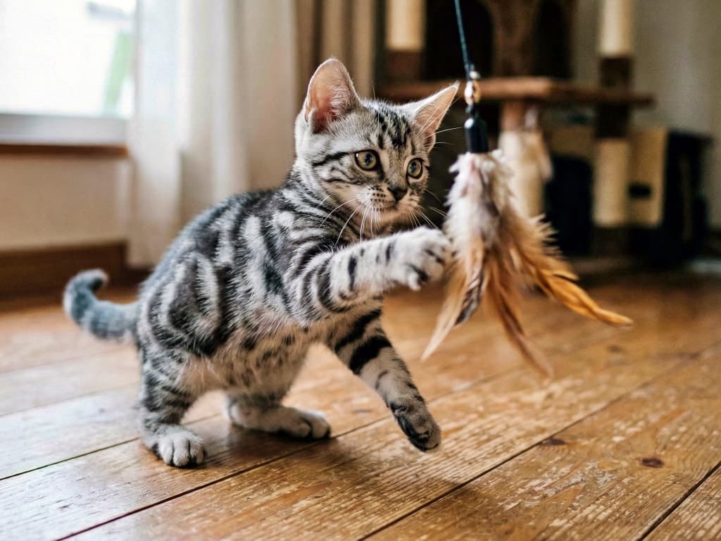 An American Shorthair kitten plays on a wooden floor, reaching for a feather toy. アメリカンショートヘアの子猫が木の床で羽のおもちゃにじゃれて遊んでいる