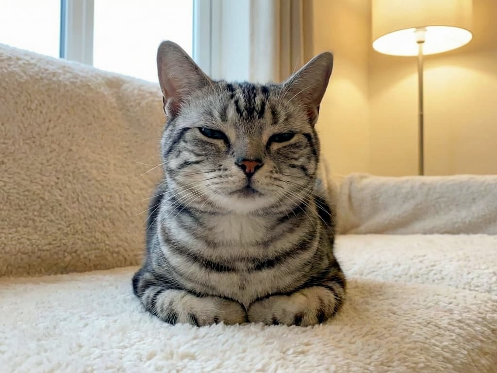 An American Shorthair with silver tabby coat sits calmly on a cream blanket-covered couch. 銀色の縞模様を持つアメリカンショートヘアが、クリーム色の毛布をかけたソファで穏やかに座っている