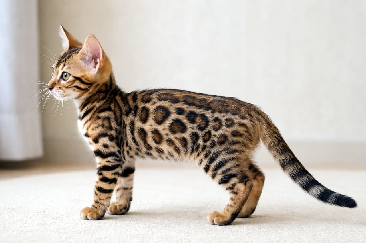 「まるで小さなヒョウ！🐆✨ベンガル特有の美しいロゼット模様と、凛とした立ち姿がかっこよすぎる…🔥 #ベンガル猫」Ultra-realistic high-quality photograph of a Bengal kitten with spotted rosettes in a full side profile standing pose. The sleek fur, intricate leopard-like spots, and elegant, athletic posture are completely in focus, illuminated beautifully by soft indoor natural shadows. 洗練されたベンガル（スポッテッドロゼット）の子猫の、しなやかな全身横顔ショット。野性味あふれる美しいヒョウ柄（ロゼット模様）が被毛のツヤ感とともにリアルに再現されています。引き締まった体躯でしっかりとカーペットに立ち、前方を力強く見据える表情が、柔らかな室内光の中でひときわ目を引きます
