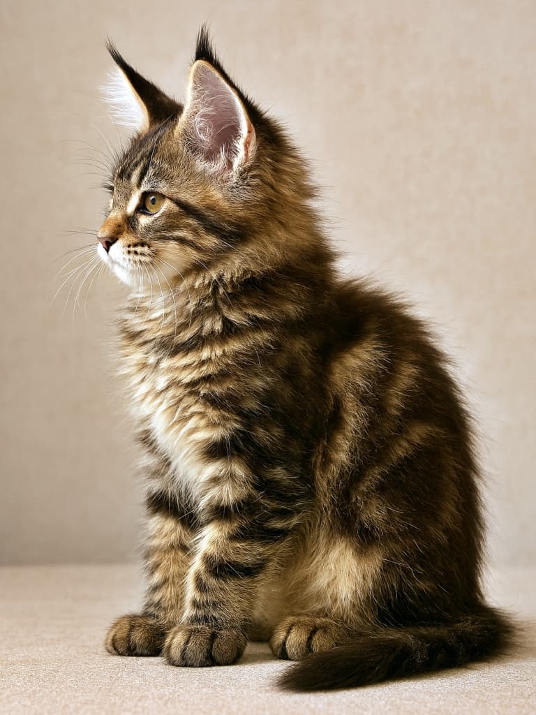 A photorealistic brown tabby Maine Coon kitten in full side profile, body visible from head to tail, ears upright, detailed fur texture, soft indoor lighting with natural shadows. フォトリアルなブラウンタビーのメインクーン子猫。全身が横向きに見え、頭から尻尾まで写り、耳はピンと立ち、毛並みの質感が細かく描写され、室内の柔らかな光と自然な影が映える
