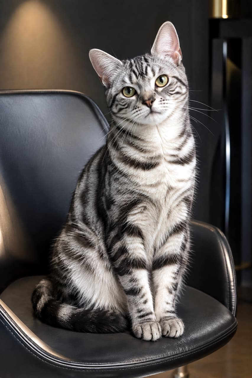 「黒革のソファが似合いすぎる気高きボス猫の風格🍷✨クールな視線に思わずひれ伏したくなっちゃいますね🐈⬛」Ultra-realistic high-quality photograph of an elegant silver tabby American Shorthair cat sitting neatly on a black leather chair, its striking coat pattern highlighted against a dark, moody background, looking gracefully at the camera. 高級感のある黒いレザーチェアの上に気品高くお座りをするアメリカンショートヘア。ダークトーンの背景と間接照明が、くっきりとしたシルバーと黒のクラシックタビー模様を際立たせ、落ち着いた緑色の瞳で優雅にカメラを見つめる高精細な写真