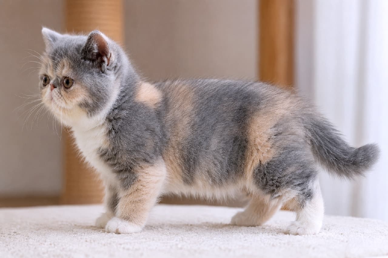 「このぺちゃ顔と短いお鼻がたまらない〜っ😍🐾ブルークリームの淡いパステルカラーが優しくて癒し度100%です☁️💕 #エキゾチックショートヘア #猫のいる暮らし」Ultra-realistic high-quality photograph of an Exotic Shorthair blue cream kitten in a full side profile standing pose. The distinct flat face, large round eyes, and plush, pastel-colored patchy fur are extremely detailed, set softly on a textured surface under indoor lighting. キャットタワーのような台の上に立つ、エキゾチックショートヘア（ブルークリーム）の子猫の愛らしい全身横顔。特徴的な低い鼻（ぺちゃ顔）と丸い瞳、淡いブルーとクリーム色が混ざったパステル調の被毛が緻密に描かれています。ふっくらとした短い脚と丸みのあるシルエットが室内光で柔らかく引き立っています