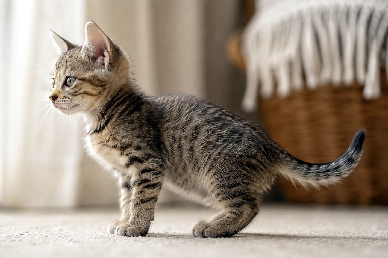 「横顔美猫ショット！狙いを定めて…今にも飛び出しそう！🐈💨キジトラちゃんのこの真剣な横顔、応援したくなっちゃう📣ふわふわ毛並みとピンと立った耳が可愛さ全開❤️ #キジトラ」Ultra-realistic high-quality photograph of a brown mackerel tabby kitten in a full side profile standing pose. The highly detailed fur texture showcases striking stripes, with the kitten leaning slightly forward in curiosity, set against a softly lit background featuring a wicker basket. 何かに興味津々で左を見つめる、キジトラ（ブラウンタビー）の子猫のリアルな全身横顔写真。野生味を残す見事な縞模様と、今にも飛び出しそうな前傾姿勢のポーズが生き生きと描写されています。カーペットの質感や、背景に置かれた籐のカゴとブランケットが、日常の温かい一コマを演出