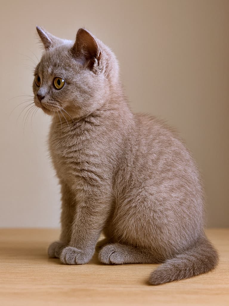 A photorealistic lilac British Shorthair kitten in full side profile, ears upright, detailed fur, soft indoor lighting, natural shadows. フォトリアルなライラックのブリティッシュショートヘア子猫。全身が横向きに映り、耳はピンと立ち、毛並みが細かく描写され、柔らかな室内光と自然な影が表現されている