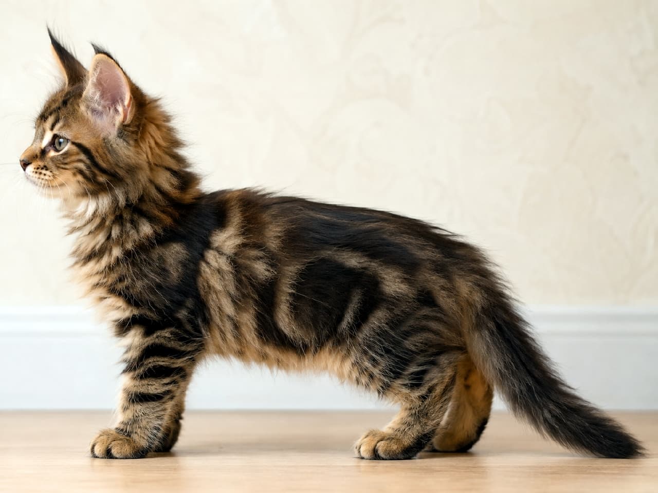 「子猫なのにすでに王者の風格👑✨耳先の飾り毛（リンクスティップ）がチャームポイントのメインクーンちゃん🌲🐾 #メインクーン」Ultra-realistic high-quality photograph of a young Maine Coon brown tabby kitten in a full side profile standing pose. Features highly detailed long fur, prominent ear tufts (lynx tips), and a strong facial structure, beautifully composed against an elegant patterned wallpaper in soft indoor lighting. フローリングに堂々と立つ、メインクーン（ブラウンタビー）の子猫の高精細な全身横顔写真。ピンと立った耳の先端にある飾り毛（リンクスティップ）や、首回りのふさふさとした豊かな被毛が重厚感たっぷりに描かれています。エレガントな壁紙を背景に、大型猫の風格を漂わせる力強い横顔が魅力的
