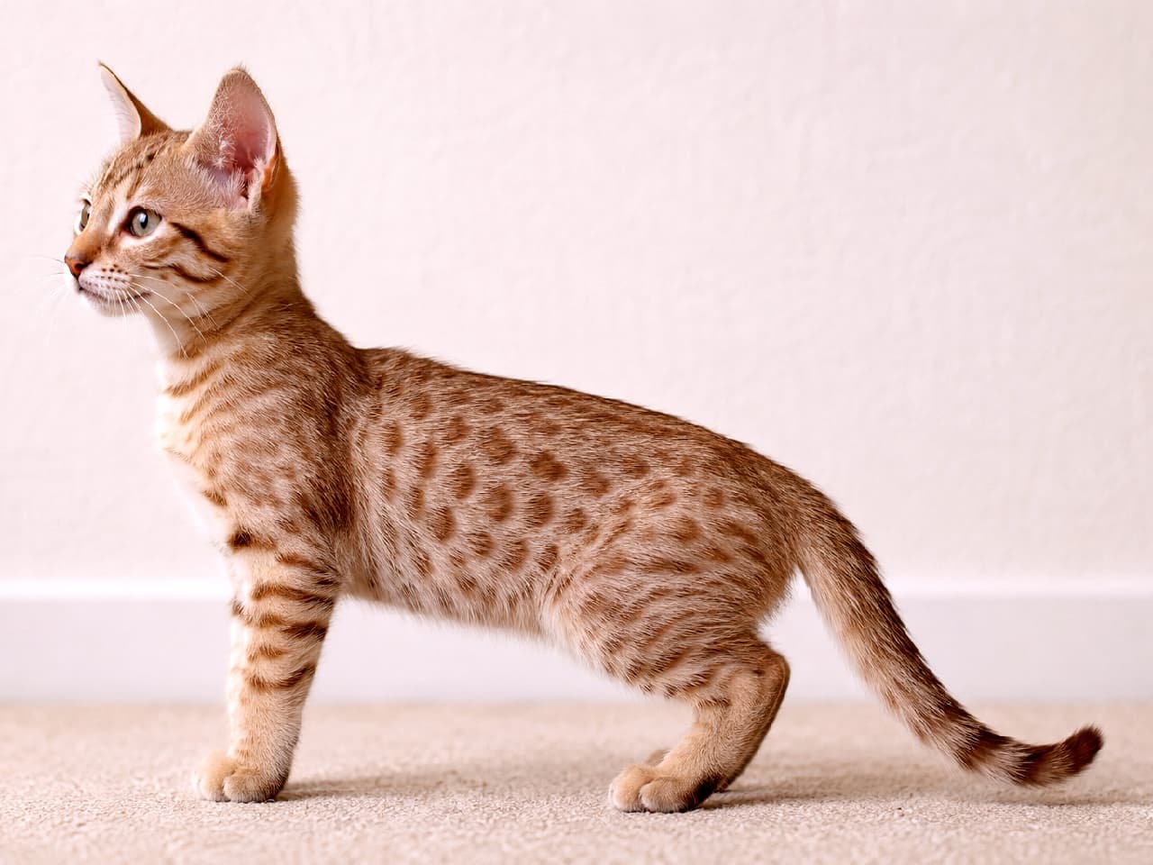 「まるで小さなヒョウ🐆✨シナモンカラーの美しいスポット模様としなやかなボディラインがカッコよすぎる…💖 #オシキャット #猫のいる暮らし」Ultra-realistic high-quality photograph of an Ocicat cinnamon spot kitten in a full side profile standing pose. The striking wild leopard-like spots, athletic slender body, and elegant posture are deeply focused under soft indoor lighting. カーペットの上に立つ、オシキャット（シナモンスポット）の子猫の美しい全身横顔。野生のヤマネコのような美しいスポット（斑点）模様と、しなやかで筋肉質なボディライン、凛とした表情が柔らかな室内光の中で引き立っています
