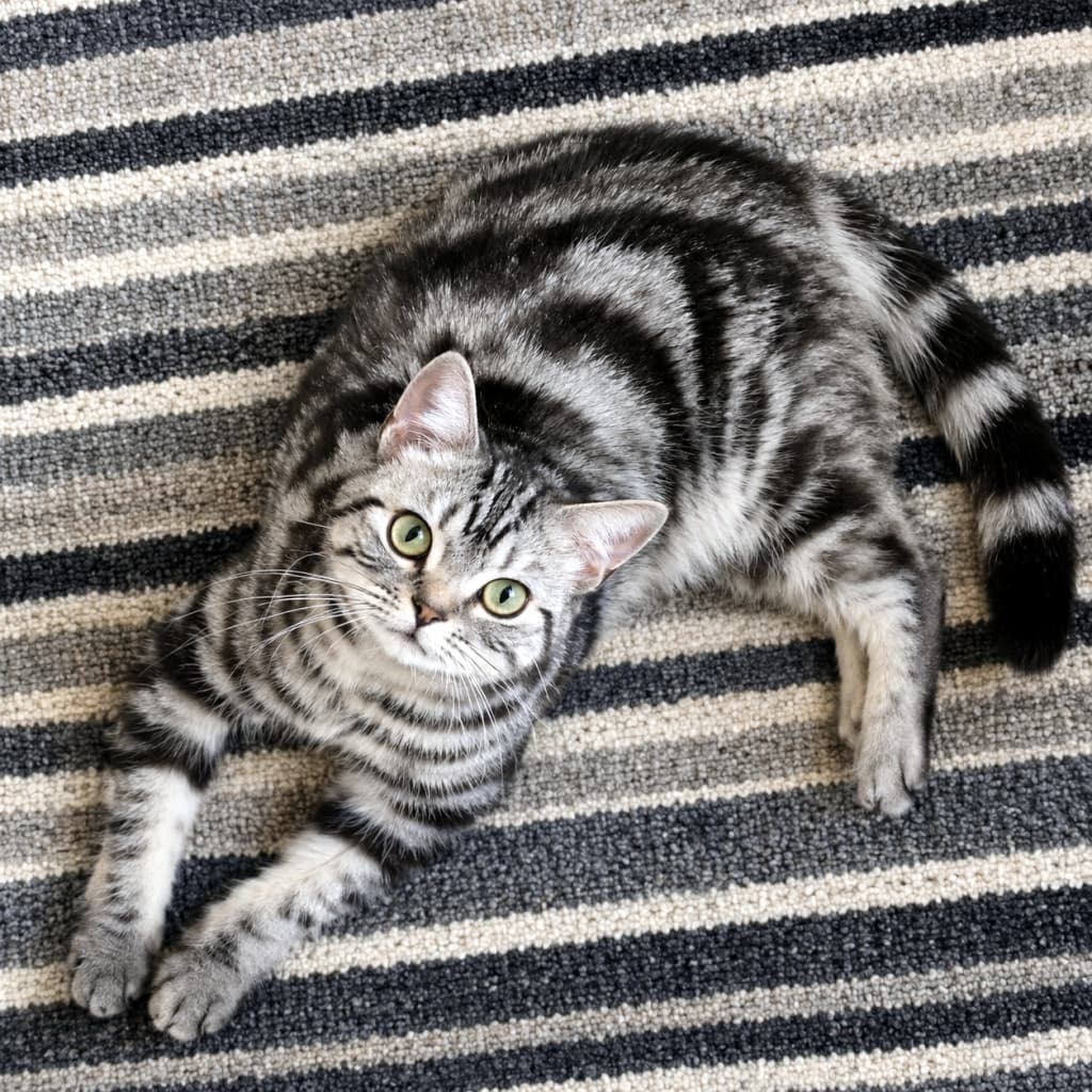 「ラグの模様と見事にシンクロ中!🐾 完璧なカモフラージュからの「かまって」アピールに、即座に降参しちゃいますね💘」Ultra-realistic high-quality photograph taken from a top-down angle, showing a silver tabby American Shorthair cat resting on a grey and white striped rug, looking directly up at the camera with large green eyes. グレーと白のストライプ柄のラグの上に寝転がり、真上を見上げてカメラに視線を送るアメリカンショートヘア。ラグの直線的な縞模様と、猫の曲線的なシルバータビー模様が見事に調和し、大きな緑の瞳が愛らしい俯瞰構図の写真