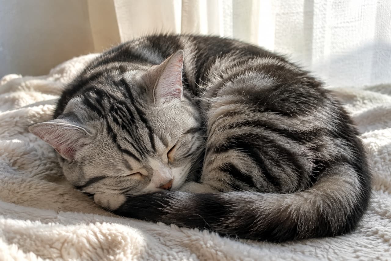 「ぽかぽか陽だまりの中でスヤスヤお昼寝タイム💤美しいしましま模様のニャンモナイト姿に、日々の疲れもじんわり溶けていきますね🌿」Ultra-realistic high-quality photograph of a silver tabby American Shorthair cat sleeping peacefully curled up in a circle on a fluffy white blanket, bathed in soft, warm sunlight from a window that highlights the intricate contrast of its coat pattern. 窓辺の柔らかな陽射しを浴びて、ふかふかの白い毛布の上で綺麗なアンモナイト状に丸まって熟睡するアメリカンショートヘア。光のグラデーションがシルバータビーの黒と銀のコントラストを美しく引き立てており、穏やかでスヤスヤと眠る表情が至福の安らぎを感じさせる一枚