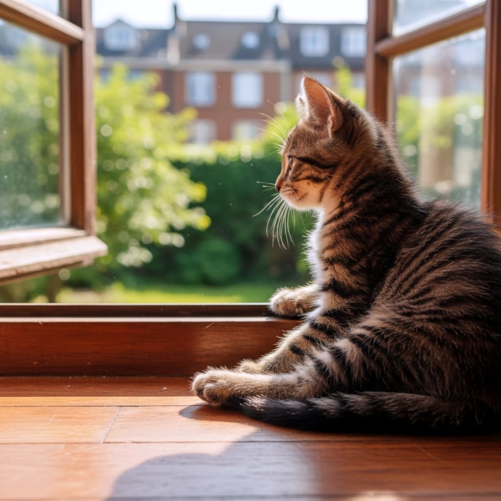 「外の世界にはどんなワクワクが待ってるニャ？🐾✨ 窓からの優しい光に包まれたキジトラ子猫ちゃんの後ろ姿にキュンとしちゃいますね💖 #猫のいる暮らし #キジトラ #癒やし時間」Ultra-realistic high-quality photograph of a brown tabby kitten sitting on a wooden floor by an open window, gazing outside from a side-rear angle. The soft natural light beautifully highlights its distinct black and brown stripes, glowing whiskers, and the rounded form of its slightly extended hind leg. The background features a smoothly blurred, nostalgic view of lush green trees and brick houses, capturing a peaceful everyday moment. 開け放たれた窓辺の温かなフローリングにちょこんと座り、外の景色をじっと見つめるキジトラ（ブラウンタビー）の子猫。斜め後ろからのアングルで、くっきりとした黒と茶色の美しい縞模様や、窓からの柔らかな自然光に透けて黄金色に輝く長いヒゲ、少し伸ばした後ろ足の丸みのあるフォルムが極めてリアルに描写されています。背景には初夏の瑞々しい緑の木々とレンガ造りの家並みが美しくボケており、穏やかでノスタルジックな情景が目に浮かぶ高画質な写真