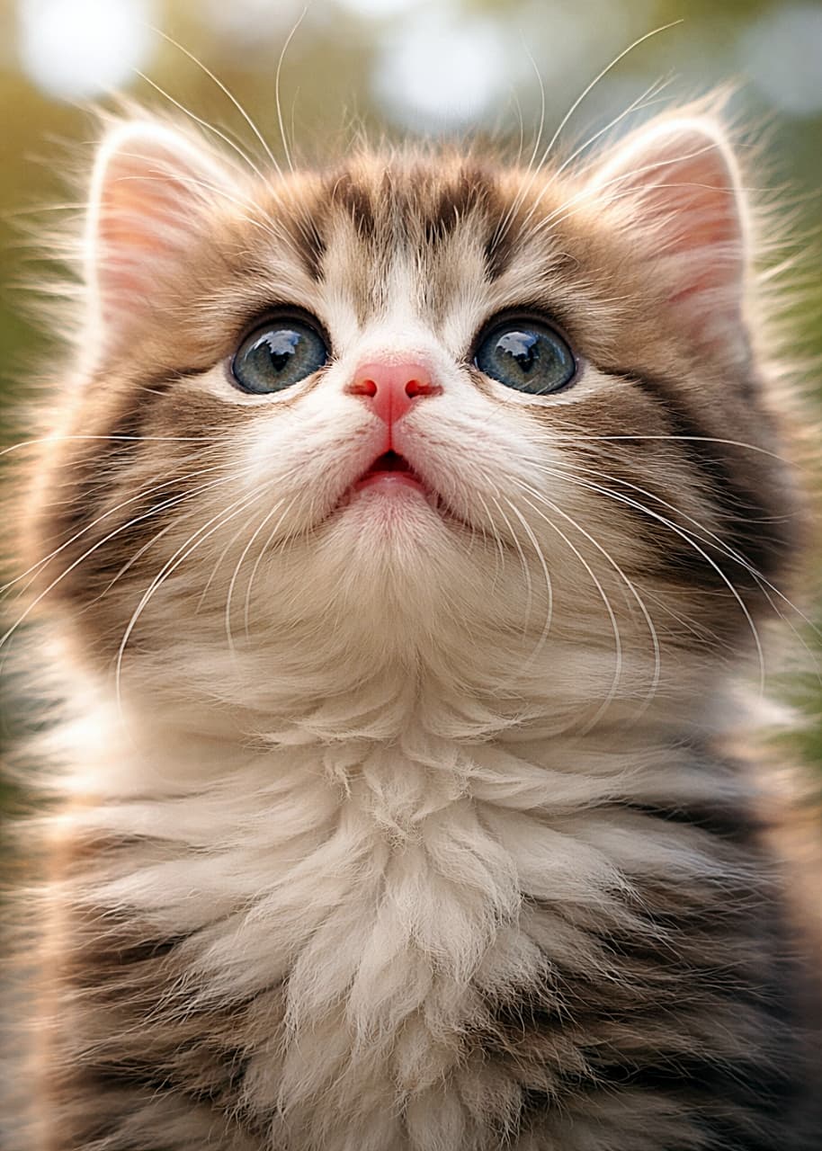 「超アップで好奇心満点ニャ！🐾 ふわふわ茶白タビーちゃんの、真下からのドアップにキュン💕」A photorealistic ultra high-resolution close-up photograph of a fluffy, long-haired brown and white (calico tabby) kitten's face from a very low angle, looking directly upward. Its deep blue-green eyes gaze with curiosity, and its small pink nose and whiskers are clearly defined. The soft, natural daylight illuminates its fur from the side. The background is a soft, blurred green. ふわふわした長毛の茶白の縞模様（三毛のタビー）の子猫の顔を、真下からの非常に低いアングルで捉えた、超高解像度の写実的な写真。好奇心に満ちた深い青緑色の瞳が真っ直ぐ上を見つめ、小さなピンク色の鼻とヒゲがはっきりと定義されています。柔らかい自然の昼光が、横から毛並みを照らしています。背景はぼやけた柔らかい緑です