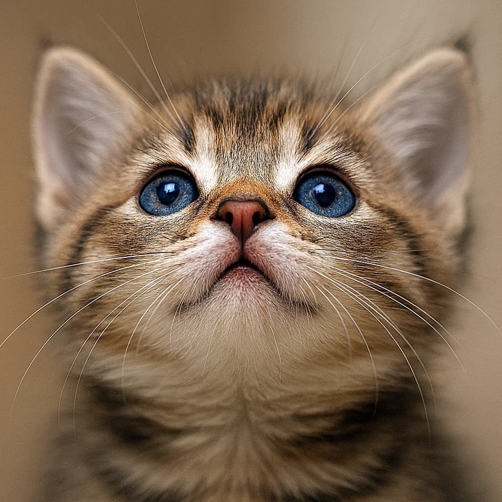「鮮やかな青い瞳に吸い込まれそうニャ！💙 縞模様タビーちゃんの、驚きと集中の超アップにキュンキュン🐾」A photorealistic ultra high-resolution close-up photograph of a short-haired tabby kitten's face from a low angle, looking up with incredibly vibrant and deep blue eyes. The kitten has a focused and slightly surprised expression. The whiskers are prominently displayed, spreading widely. The background is a soft, blurred brown. The eye color is a key feature. 短毛の縞模様（タビー）の子猫の顔を、低いアングルで捉えた、超高解像度の写実的な写真。非常に鮮やかで深い青色の瞳で上を見つめています。集中し、少し驚いたような表情をしています。ヒゲが大きく広がって際立って見えます。背景は柔らかくぼやけた茶色です。鮮やかな目の色が特徴です