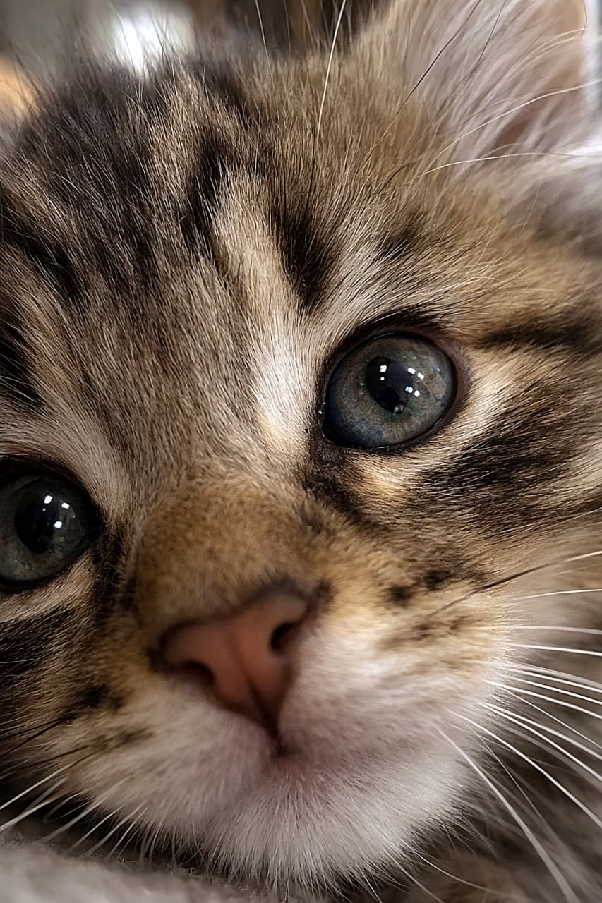 「ふんわりした毛並みと澄んだ瞳が印象的なキジトラ子猫の近接ポートレート。やさしい光の中でヒゲや模様までくっきり映る愛らしい瞬間」Close-up portrait of a fluffy tabby kitten looking into the camera, soft natural light highlighting whiskers and striped fur. カメラを見つめるキジトラ子猫のクローズアップポートレート。柔らかな自然光でヒゲや縞模様の毛並みが際立つ写真