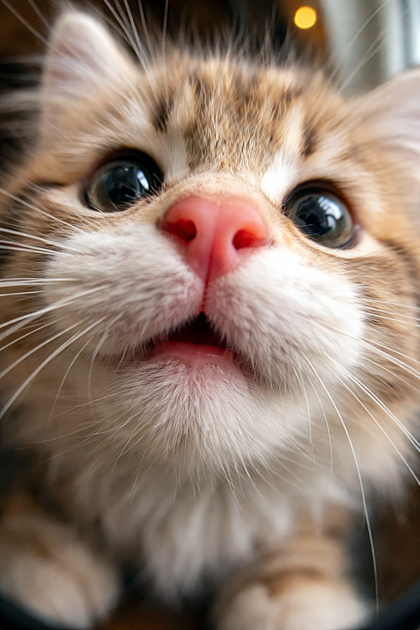 「カメラにぐっと近づいた好奇心いっぱいの子猫。ピンクの鼻と大きな瞳がレンズいっぱいに広がる、思わず見入る超接写ショット」Photorealistic extreme close-up of a curious kitten pressing its pink nose against the camera lens, whiskers and fur highly detailed. カメラレンズにピンク色の鼻を押しつける子猫の超接写写真。ひげや毛並みまで細かく写ったフォトリアルな一枚