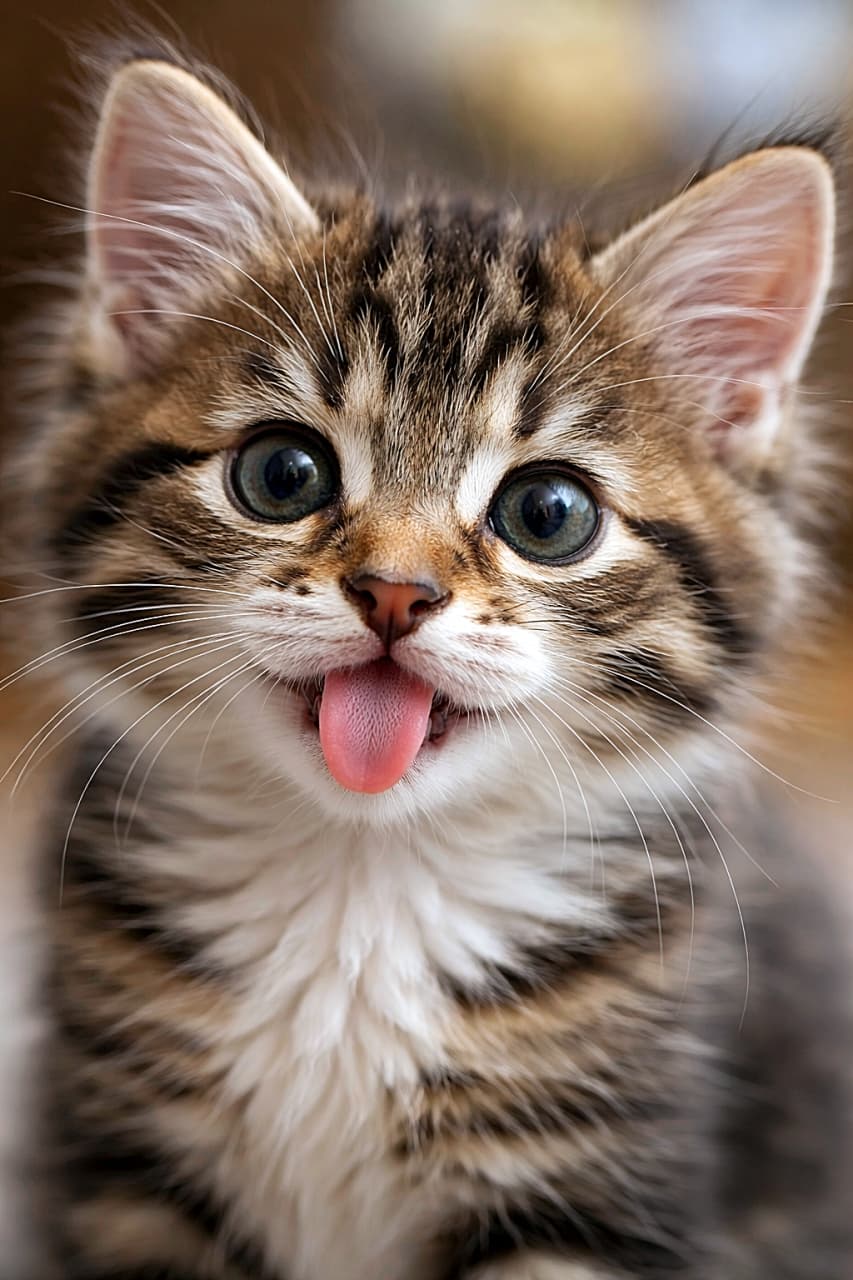 「ぺろっと出た小さな舌と輝く瞳が印象的なキジトラ子猫。やわらかな毛並みまで伝わる、元気いっぱいの表情をとらえたクローズアップ写真」High-resolution close-up of a cute tabby kitten with its tongue out, soft fur and big shiny eyes in natural light 舌を出した表情が愛らしいキジトラ子猫の高解像度クローズアップ、やわらかな毛並みと大きな瞳が印象的