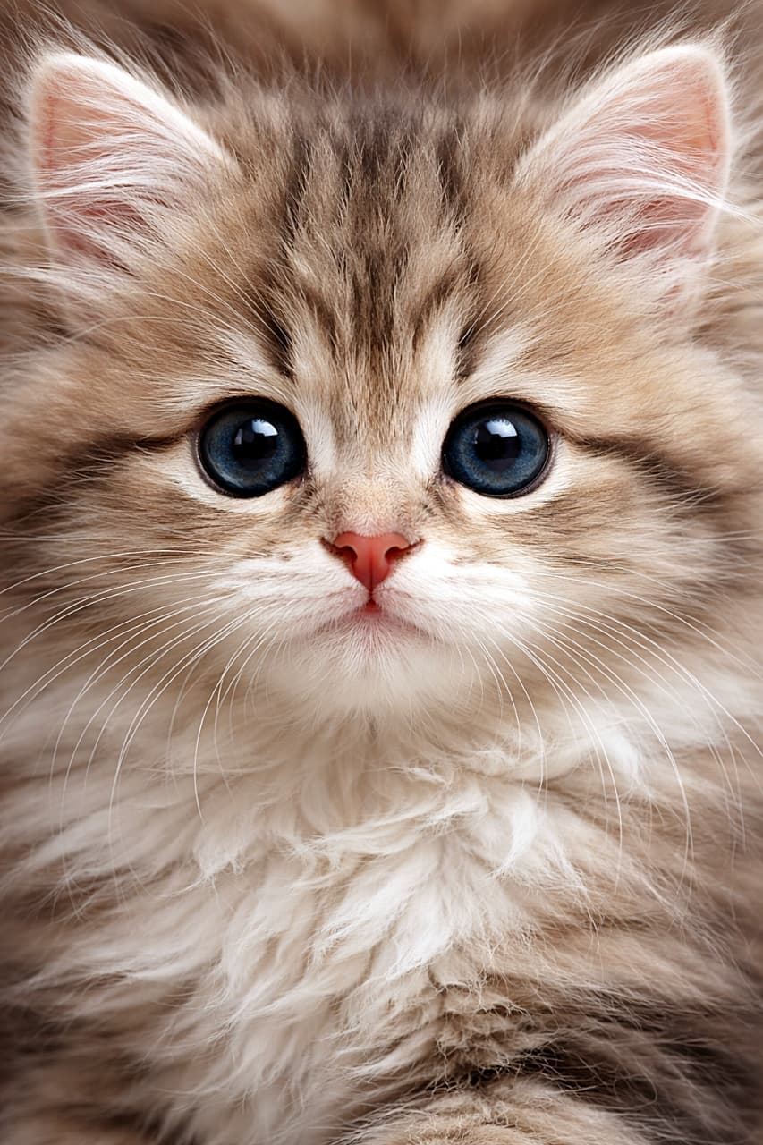 「ふんわり広がる毛並みに包まれた子猫のドアップ。きらきら輝く青い瞳と小さなピンクの鼻がとびきり愛らしく、思わず見つめ続けたくなる一枚🐱✨」Close-up photorealistic portrait of a fluffy kitten’s face filling the frame, with soft brown-and-cream fur, bright blue eyes, a pink nose, and delicate white whiskers. 画面いっぱいにふわりと広がる毛並みの子猫の顔を写したフォトリアルな接写。青い瞳、ピンクの鼻、やわらかなブラウンとクリーム色の毛並みが印象的