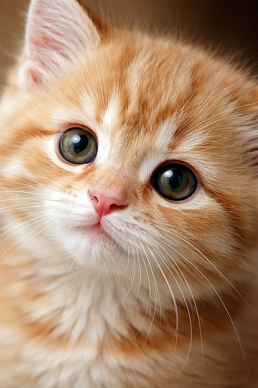 「大きな瞳でこちらを見つめるオレンジ色の子猫の超接写。片耳がフレームから外れた構図が、ふとした瞬間のかわいらしい表情をより印象的に引き立てています」Close-up photorealistic image of a ginger kitten with one ear cropped out of frame, large curious eyes and soft orange fur in warm light. 画面の端で片耳がフレームから切れた、オレンジ色の子猫の超接写写真。大きな瞳とやわらかな毛並みが印象的