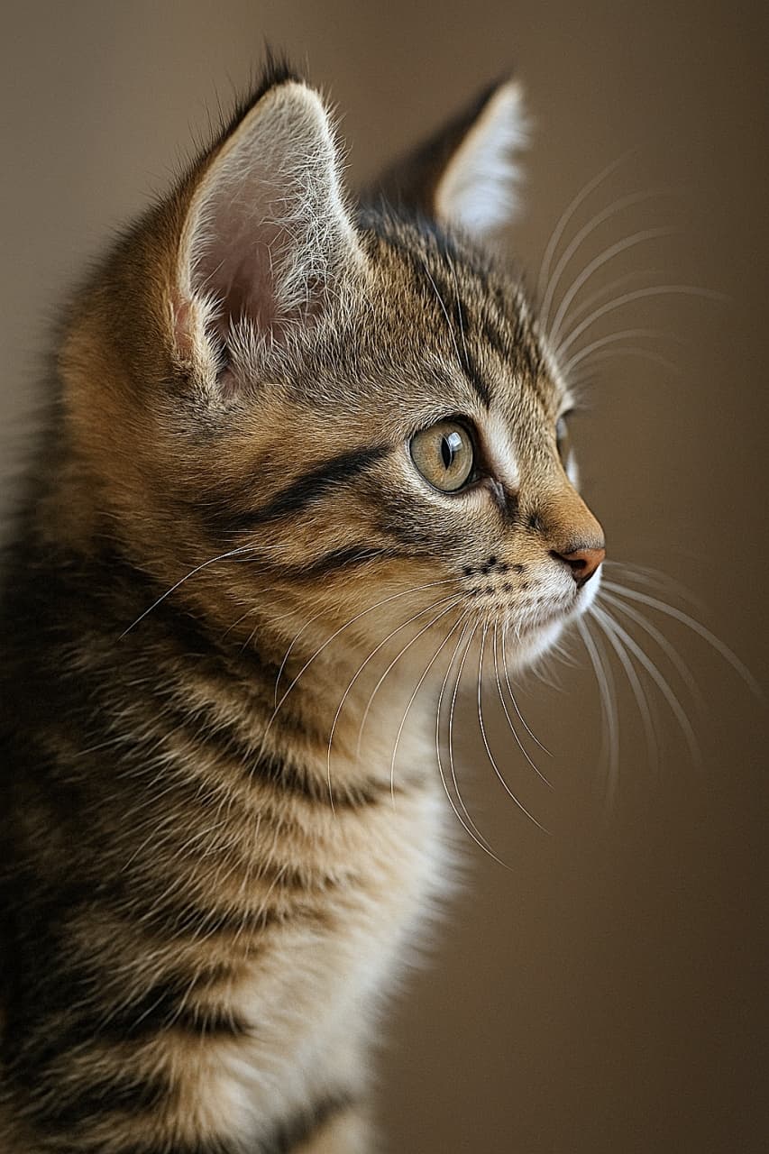 「凛とした横顔にキュン！💕 キジトラ子猫の細かな毛並みとピンと張ったおヒゲが美しい、超高画質ショット📷✨」A photorealistic, high-resolution close-up profile photograph of a tabby kitten facing right. The sharp side view captures the intricate details of its striped fur, prominent long whiskers, and a clear greenish-hazel eye. The kitten is set against a softly blurred, warm brown background that emphasizes its features. 右を向いたキジトラの子猫の横顔を捉えた、写実的で高解像度なクローズアップ写真。シャープにピントが合った横顔の構図により、縞模様の細かな毛並み、長く伸びたヒゲ、澄んだ緑がかったヘーゼル色の瞳のディテールが克明に写し出されている。柔らかくぼやけた温かみのある茶色の背景が、子猫の輪郭を美しく際立たせている