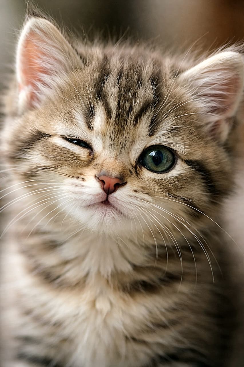 「カメラ目線でパチッと瞬き！ふわふわキジトラ子猫の超接写ショット。小さなお鼻とヒゲまでくっきり、思わず「かわいい！」が漏れる一瞬です🐾✨」Photorealistic close-up of a tabby kitten’s face blinking mid-blink, looking directly into the camera in soft natural light. ウインクするように瞬きする瞬間のキジトラ子猫の顔の超接写。カメラをまっすぐ見つめ、柔らかな自然光に包まれたフォトリアルな写真