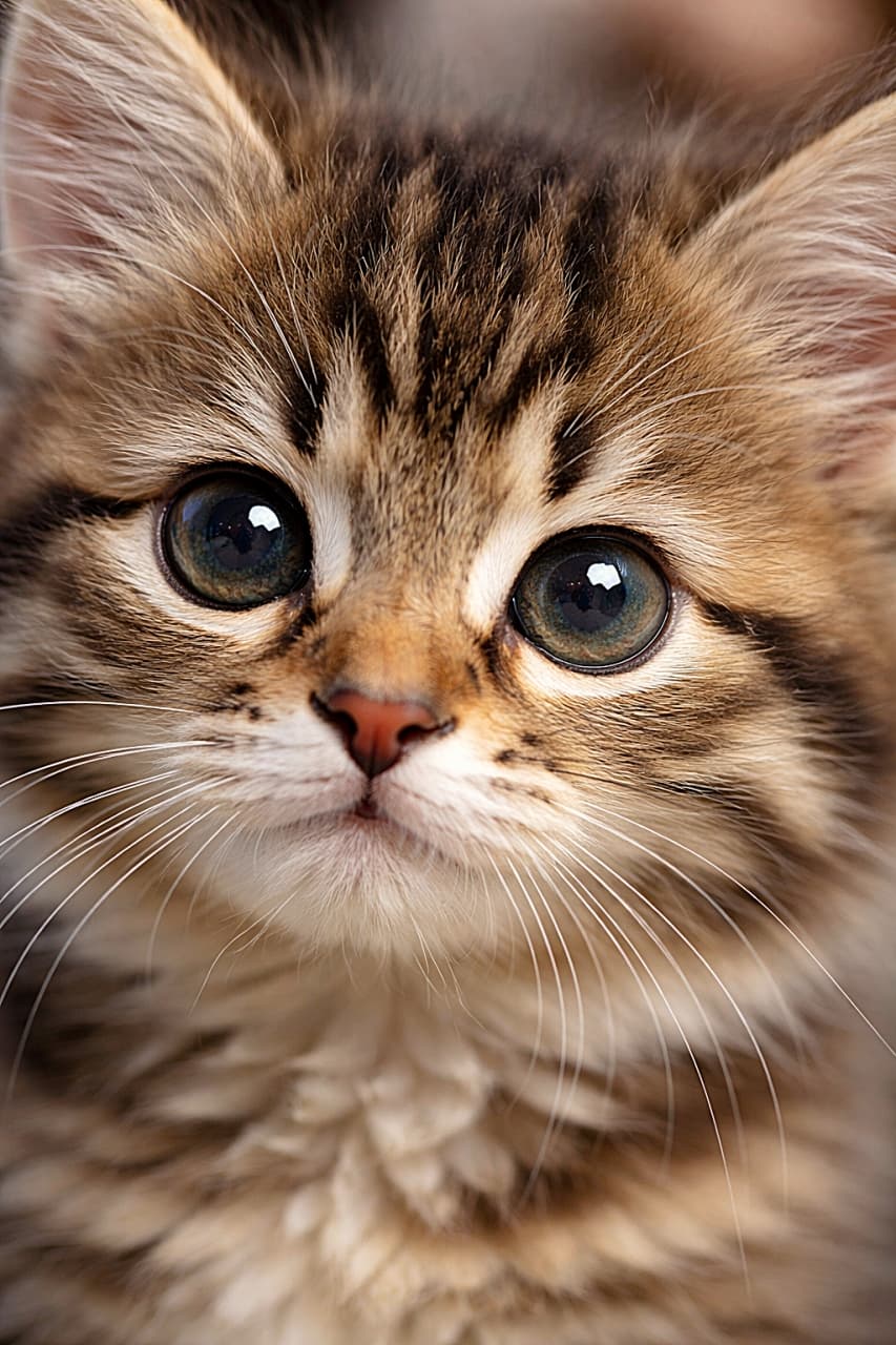 「光を映した大きな瞳がきらり。ブラウンタビーの子猫をぐっと近くで捉えた、毛並みやヒゲの細部まで楽しめるリアルなクローズアップ🐾✨」Photorealistic close-up of a brown tabby kitten’s face, with large reflective eyes catching soft light, fine whiskers, and detailed striped fur against a softly blurred background. やわらかな光を映す大きな瞳が印象的なブラウンタビーの子猫の顔のクローズアップ。繊細なヒゲと縞模様の毛並みをリアルに捉え、背景はやさしくぼけている
