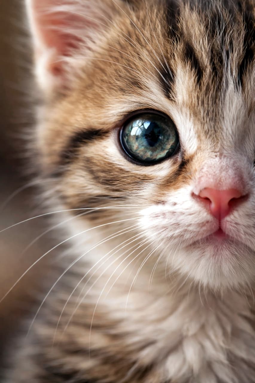 「片目だけで心をつかむ破壊力。近すぎる距離感に、思わず息をのむ子猫のまなざし」Ultra-detailed close-up photo of a kitten’s face, showing only the right eye and half of the face, with soft natural lighting and realistic fur texture. 子猫の顔を超接写で捉えた写真。右目と顔の半分だけが写り、柔らかな自然光ともふもふの毛並みがリアルに表現されている