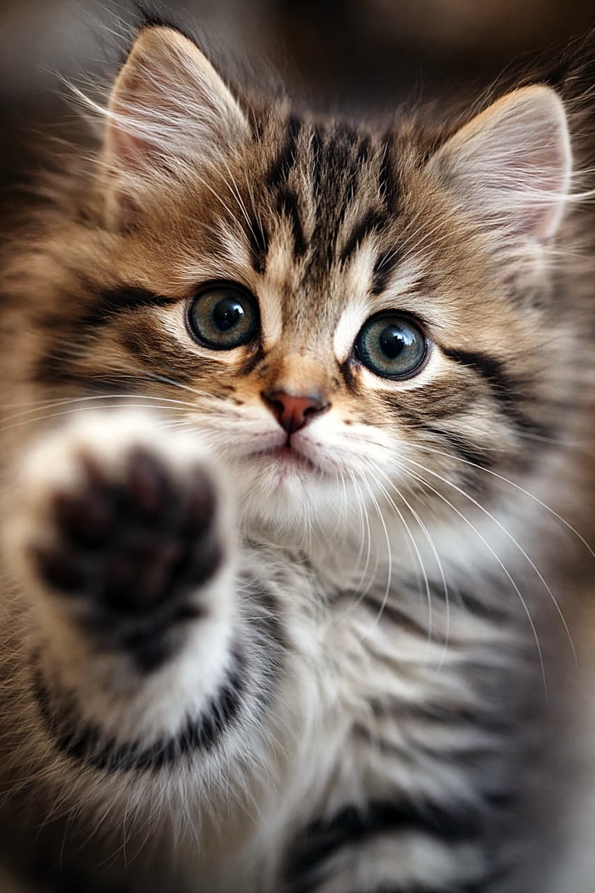 「ふわりと前足を伸ばしてカメラにタッチしそうな子猫のクローズアップ。大きな瞳とやわらかな毛並みが、思わず見入ってしまう愛らしい一瞬を写した一枚🐾🐱✨」Close-up photo of a fluffy tabby kitten’s face with a blurred paw reaching toward the camera, soft natural lighting and high detail. カメラに向かって前足を伸ばした子猫の顔のクローズアップ写真。手前の前足はぼけ、柔らかな自然光で毛並みまで高精細に写っている