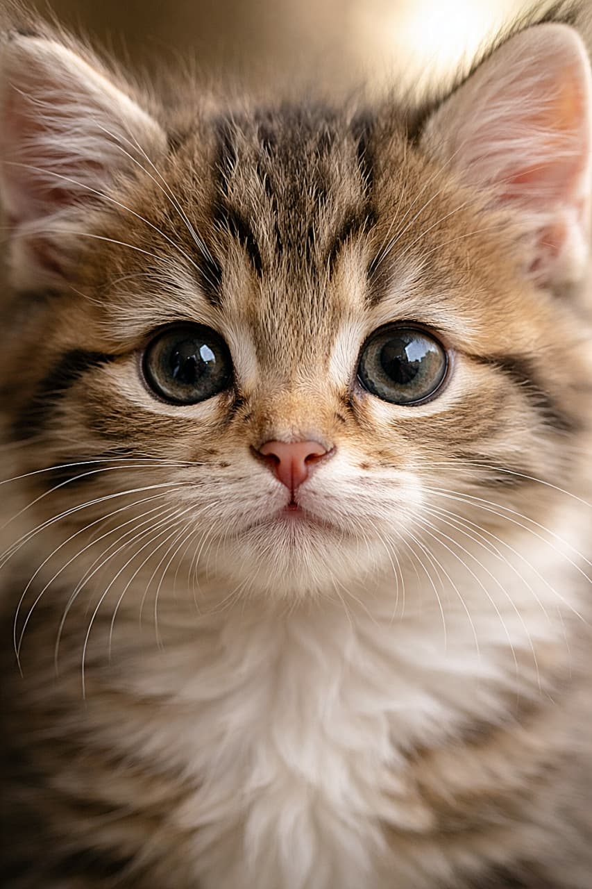 「大きな瞳でまっすぐこちらを見つめる子猫の超接写ポートレート。やわらかな自然光に包まれた繊細な毛並みと表情が、思わず見入ってしまうほど魅力的な一枚です🐱✨」Ultra high-resolution close-up photo of a tabby kitten’s face looking directly into the camera, with large round eyes, soft fur, and natural gentle lighting. カメラをまっすぐ見つめる子猫の顔を超高解像度で捉えたクローズアップ写真。大きな丸い瞳と柔らかな毛並みが自然光でやさしく照らされている