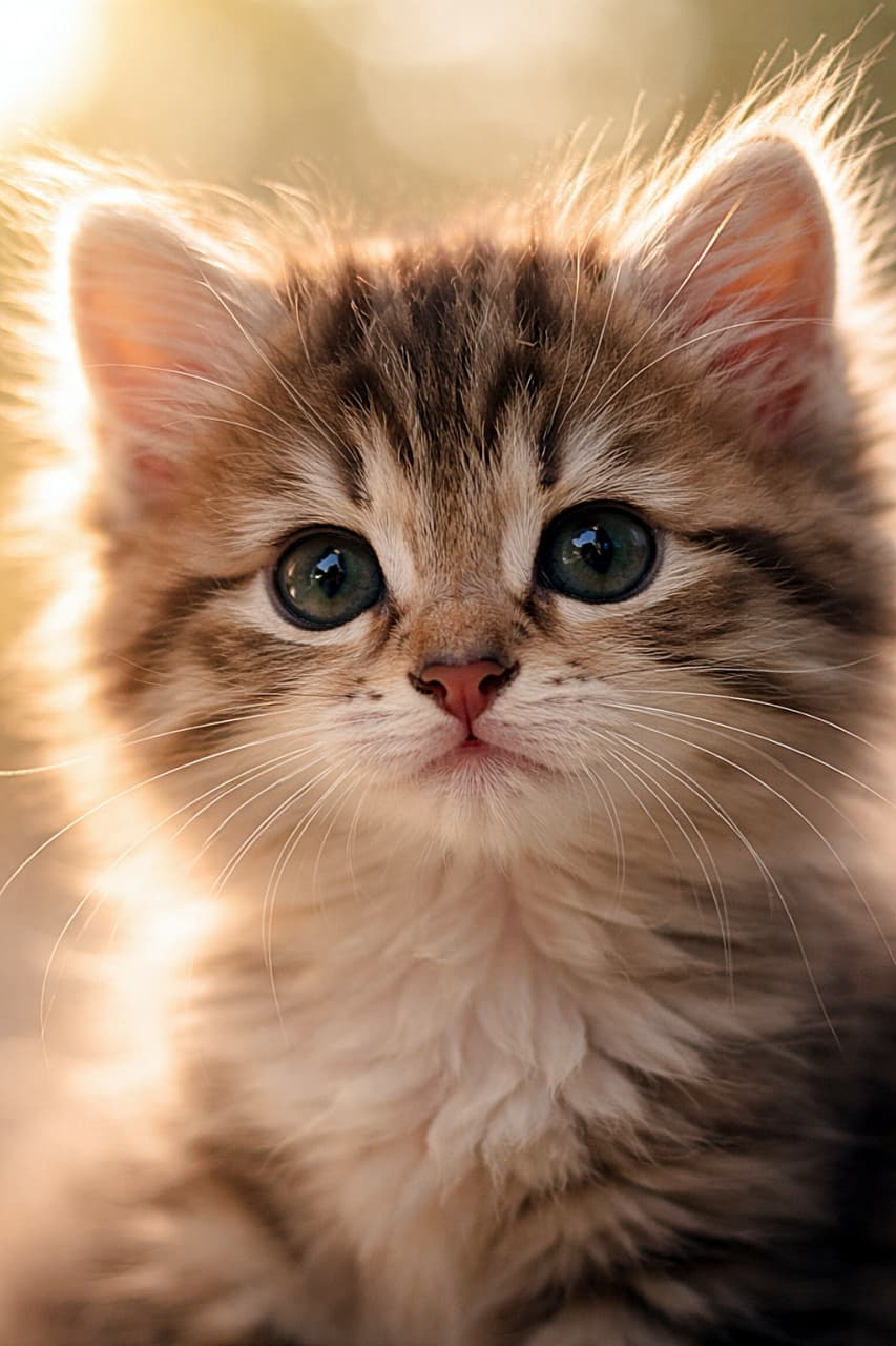 「画面の左から差し込むやわらかな光に包まれ、子猫の表情がふんわり浮かび上がる。大きな瞳と小さなピンクの鼻、繊細なひげまでやさしく輝くクローズアップ🐾」Close-up portrait of a fluffy tabby kitten with strong golden backlight from the left, creating a bright glow along the ear and whiskers against a warm blurred background. 画面左から差し込む強い逆光に包まれたキジトラの子猫の顔のクローズアップ。耳やひげの縁が光り、暖かい背景ボケの中で表情が際立つ