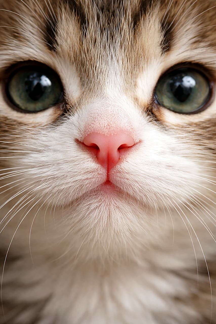 「ピンクの鼻をど真ん中にとらえた子猫の超接写。やわらかな毛並みやひげの一本まで感じられる、思わず見入るリアルで愛らしい瞬間🐱✨」Ultra-detailed close-up of a kitten’s face with the pink nose centered, soft fur texture visible, and large eyes slightly cropped at the edges. ピンクの鼻が中央に写る子猫の顔の超接写。ふんわりした毛並みの質感が細かく見え、左右の大きな瞳が画面端で少し切れたリアルなクローズアップ