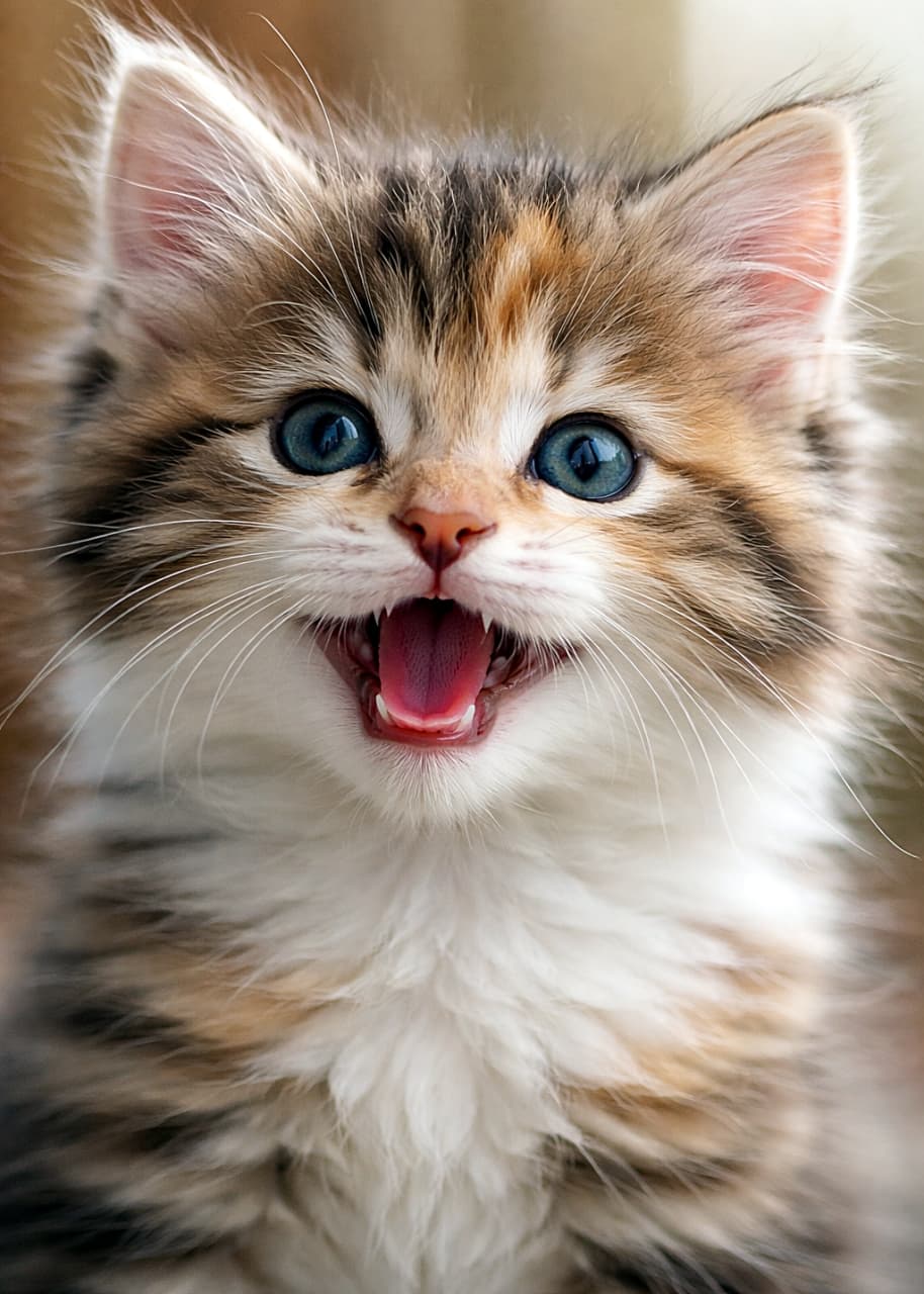 「「にゃっ」と声がこぼれる瞬間をとらえた子猫のどアップ。青い瞳と小さな口、やわらかな毛並みが光に包まれて、思わず見入ってしまう愛らしいワンシーン🐱✨」Close-up photo of a kitten mid-meow with its mouth half open, bright blue eyes and fluffy brown, white, and orange fur in soft natural light. 口を半分開けて鳴いている瞬間を捉えた子猫のクローズアップ写真。青い瞳と茶・白・オレンジのふんわりした毛並みが柔らかな自然光に映えている