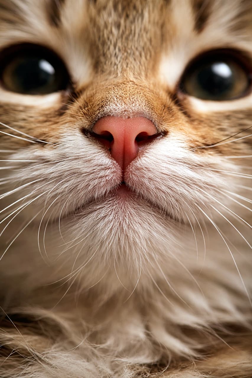 「ここまで寄る？いいえ、寄り切ったからこそ見える、子猫のやわらか世界」Ultra-detailed macro photo of a kitten’s nose, mouth, and whiskers, tightly cropped with eyes partially out of frame, emphasizing fur texture and fine details. 子猫の鼻と口元、ひげを極端に寄って撮影した超高精細マクロ写真。目はフレーム上で自然に切れており、毛並みの質感を強調している