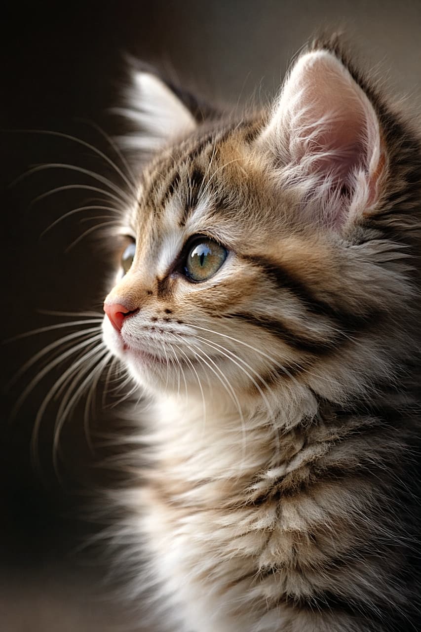 「やわらかな光の中で横顔を見せるキジトラの子猫。きらりと光る瞳と繊細なひげまでくっきり写った、思わず見入ってしまうクローズアップの一枚🐱✨」Photorealistic close-up side profile of a fluffy tabby kitten, showing sharp whiskers, a pink nose, and green-gold eyes against a softly blurred background. 柔らかな背景ボケの中で、鋭い横顔のシルエットを見せるキジトラの子猫。長いひげ、ピンクの鼻、緑がかった瞳が印象的な高精細クローズアップ