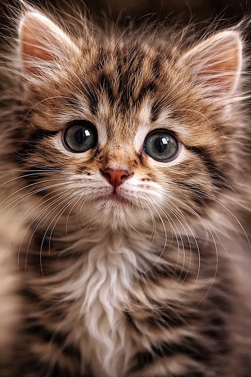 「ちょっぴり寝ぐせのように毛並みが乱れたブラウンタビーの子猫。大きな瞳とピンクの鼻をぐっと近くで捉えた、思わず見入る超接写ショット🐾」Ultra-detailed close-up photo of a fluffy brown tabby kitten’s face with slightly messy fur, large round eyes, and a pink nose, softly lit with a blurred background. やや乱れた毛並みのブラウンタビーの子猫の顔を超接写で捉えた写真。大きな丸い瞳とピンクの鼻が際立ち、背景は柔らかくぼけている