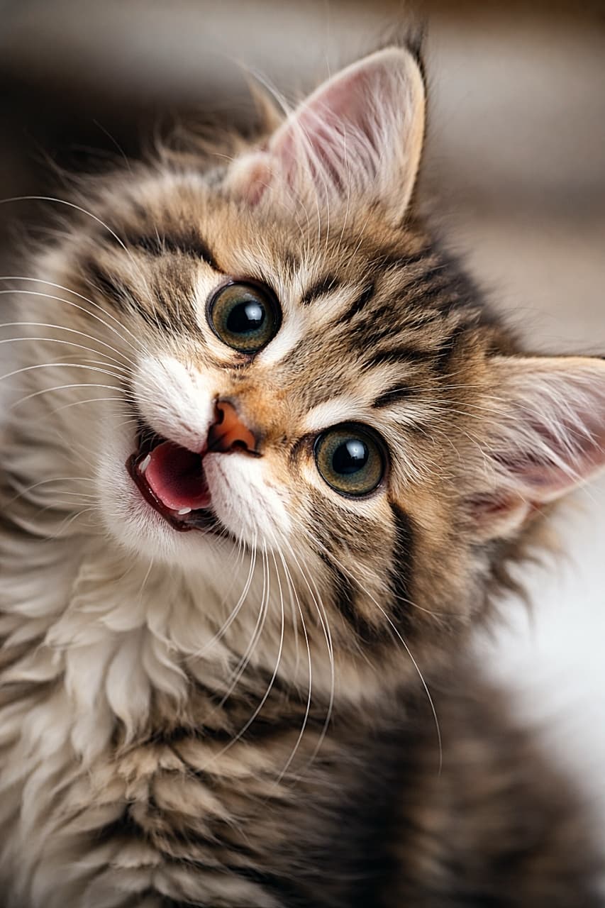 「くるっと首をかしげてこちらを見つめるキジトラ子猫。大きな瞳とちょこんとのぞく舌、細やかな毛並みまで伝わる愛らしい一瞬のクローズアップ 🐾」Photorealistic close-up of a playful tabby kitten tilting its head sideways, bright eyes and tiny tongue visible, with soft fur detail and a blurred background. 首をかしげて遊ぶような表情を見せるキジトラ子猫の顔の超接写。大きな瞳と小さくのぞく舌、やわらかな毛並みが際立ち、背景はやさしくぼけている