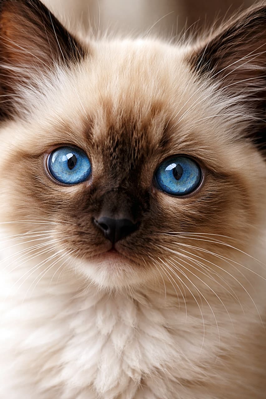 「透き通るような青い瞳でまっすぐこちらを見つめるシャム子猫。クリーム色のやわらかな毛並みと濃いマスク模様が美しく際立つ、印象的なクローズアップ写真」Close-up photo of a Siamese kitten with bright blue eyes looking straight at the camera, soft cream fur and dark facial mask in natural light. カメラを正面から見つめるシャム子猫の青い瞳のクローズアップ。クリーム色の柔らかな毛並みと濃いマスク模様が自然光で際立つ写真