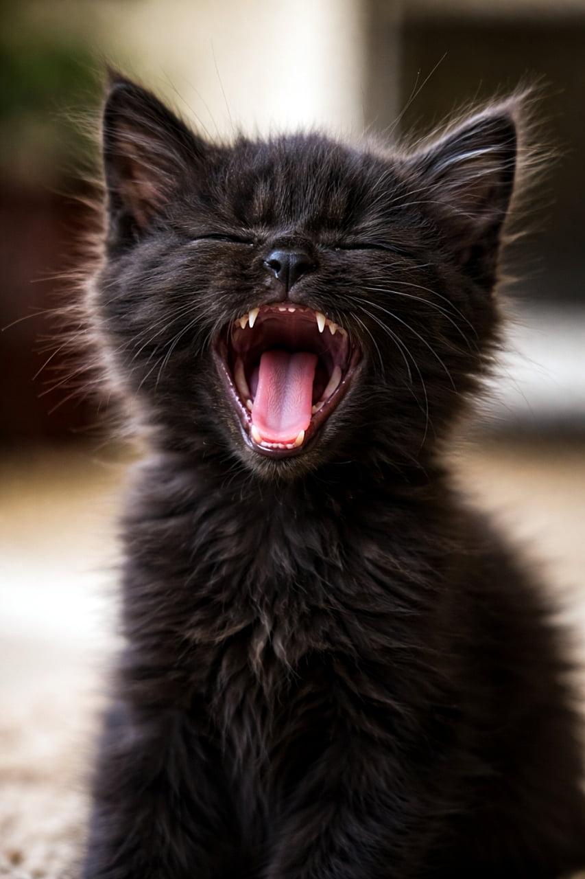 「眠気いっぱいの黒い子猫が思いきりあくび。小さな牙とピンクの口元がちらりと見えて、ほっと和むかわいらしいワンシーンです」Close-up photograph of a sleepy black kitten yawning with mouth wide open, showing tiny fangs and detailed dark fur texture. 眠そうな黒い子猫が大きくあくびする瞬間のクローズアップ写真。小さな牙と繊細な黒い毛並みがリアルに表現されている