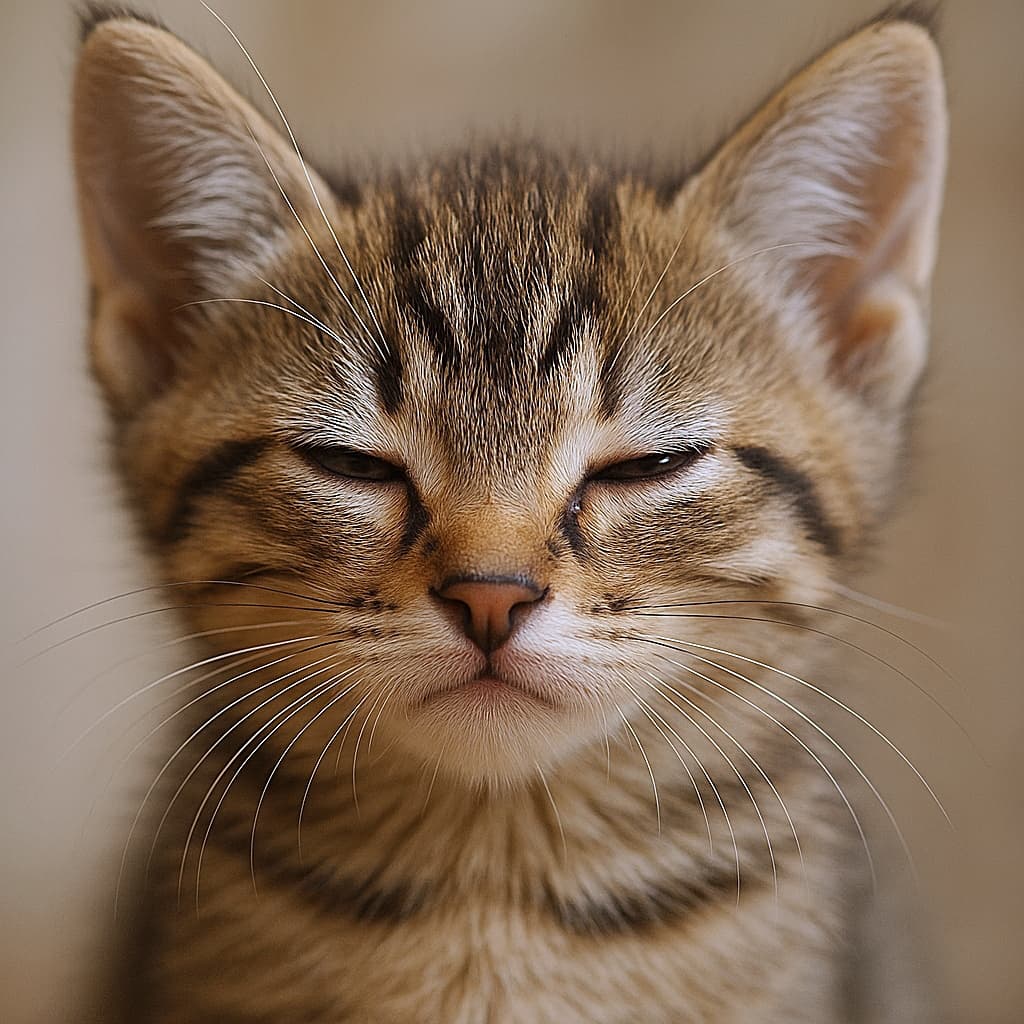 「ねむねむモードのキジトラ子猫、カメラの前でゆっくり瞬き。ふわふわの毛並みと小さなお鼻までくっきり、思わずほっこりする癒やしのアップ写真です🐾✨」Photorealistic close-up of a tabby kitten’s face with both eyes half-closed mid-blink, looking toward the camera in soft natural light. 両目を細めて瞬きする瞬間のキジトラ子猫の顔の超接写。柔らかな自然光の中でカメラを正面から捉えたフォトリアルな写真