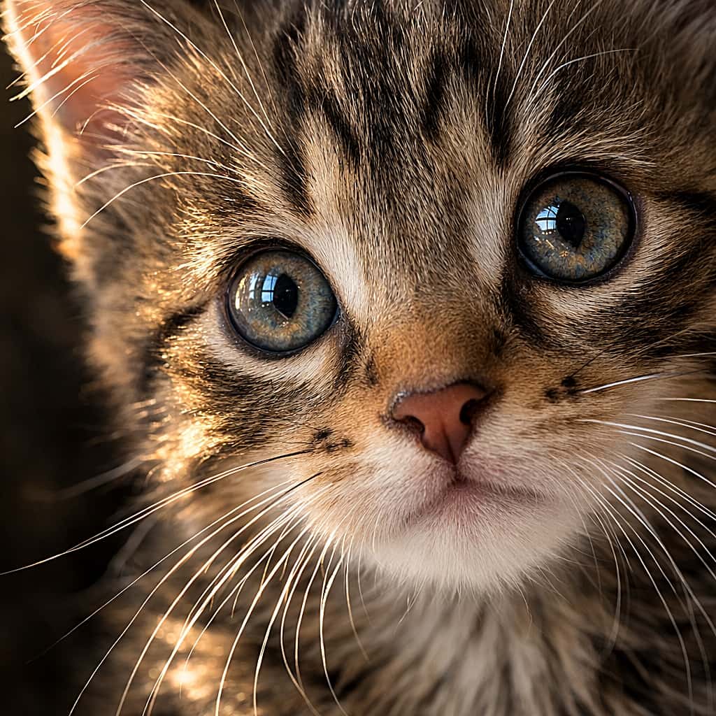 「横から差し込む光にヒゲがきらり。大きな瞳でこちらを見つめるキジトラ子猫の、表情豊かなクローズアップポートレート」Close-up photo of a tabby kitten’s face with greenish eyes, whiskers glowing in warm side light, highly detailed fur texture 暖かなサイドライトでヒゲが輝くキジトラ子猫の顔のクローズアップ。緑がかった瞳と繊細な毛並みが印象的