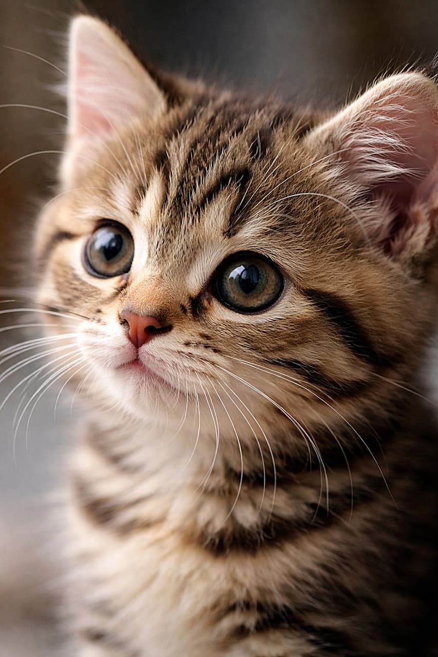 「つぶらな緑の瞳がきらり。45度の角度からとらえたキジトラ子猫の超接写で、縞模様の毛並みや長いヒゲまでくっきり映える、思わず見入るリアルな一枚🐱✨」Ultra-detailed realistic close-up of a tabby kitten’s face from a 45-degree angle, with large green eyes, soft striped fur, and delicate whiskers in natural light. 45度の角度から撮影された、キジトラ子猫の顔の超接写。大きな緑の瞳と縞模様のやわらかな毛並み、繊細なヒゲが自然光でくっきり写るリアルな写真