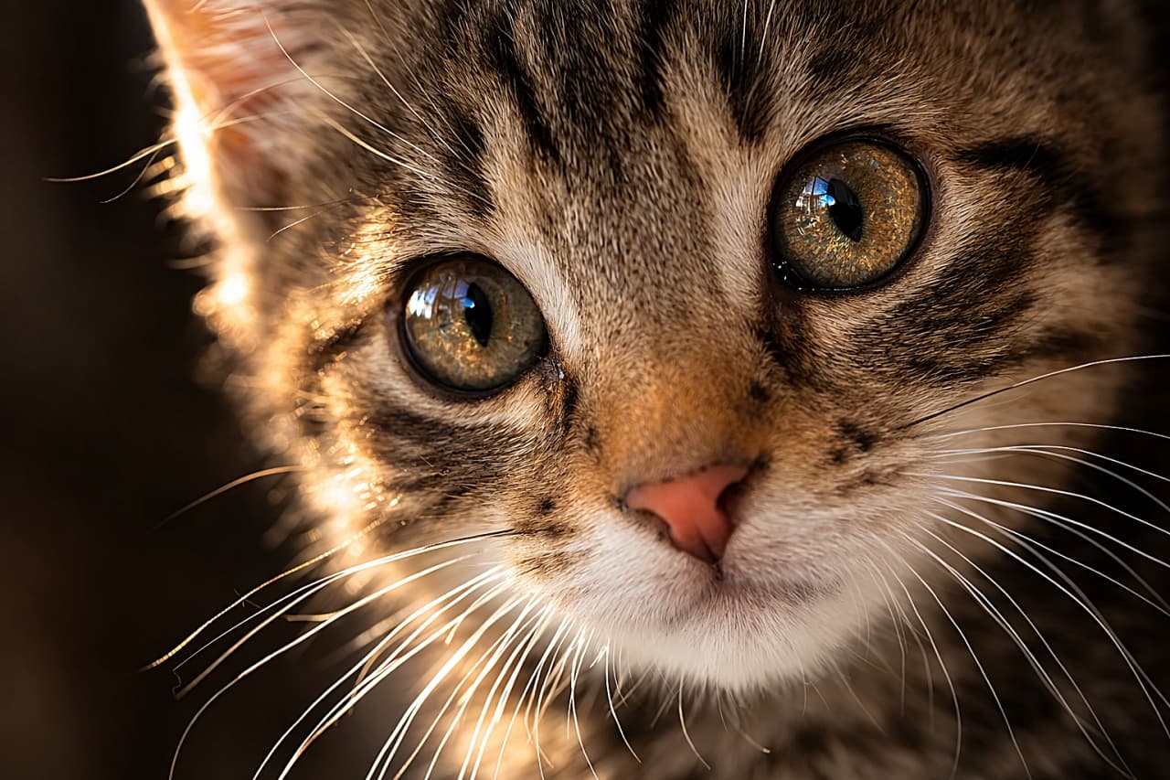 「あたたかな光に包まれてヒゲがふわりと浮かび上がる。金色の瞳がきらめくキジトラ子猫のリアルなアップ写真」Photorealistic close-up portrait of a tabby kitten with golden eyes, whiskers highlighted by warm rim light 暖色の光でヒゲが縁取られたキジトラ子猫のリアルな顔アップ。金色に輝く瞳が印象的