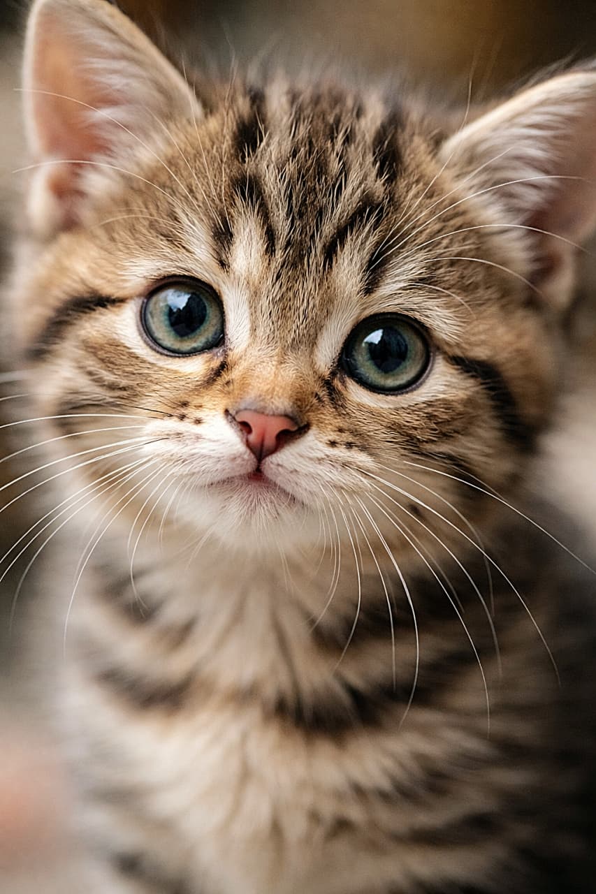 「大きな瞳でこちらをじっと見つめるキジトラの子猫。やわらかな毛並みや細いひげまでくっきり写る、超接写ならではの愛らしい一枚🐾📷」Ultra-detailed close-up of a tabby kitten’s face looking at the camera, with large round eyes, a pink nose, and fine whiskers, against a softly blurred background. カメラを見つめるキジトラの子猫の顔を超接写で捉えた写真。大きな瞳、ピンクの鼻、細いひげまで鮮明で、背景はやわらかくぼけている