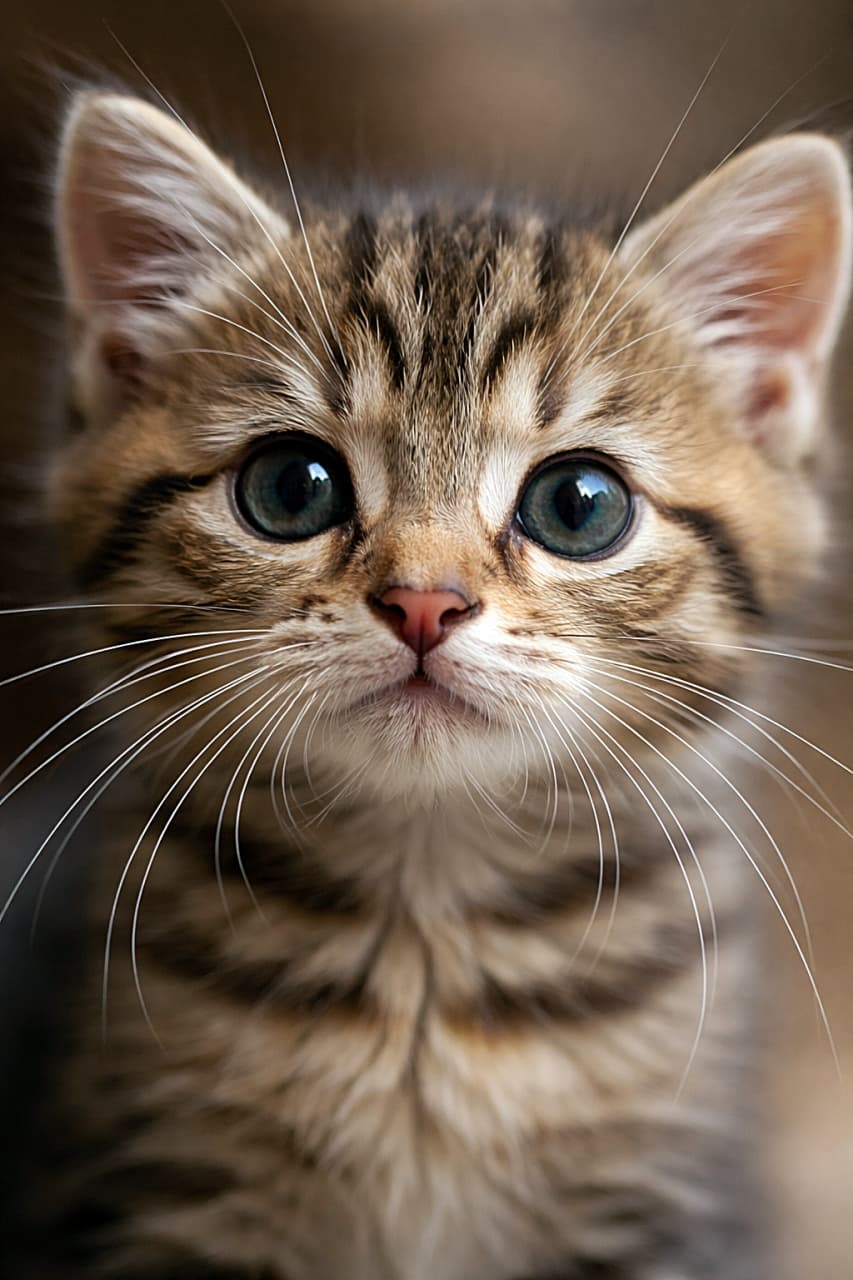 「画面いっぱいに広がる子猫の超接写。大きな瞳と長いひげが印象的で、思わず見つめ返したくなるリアルな瞬間を切り取った一枚📷🐱✨」Ultra-detailed realistic close-up of a kitten’s face, with long whiskers extending beyond the frame and bright curious eyes. 長いひげがフレームの外まで伸びる、好奇心いっぱいの瞳をした子猫の顔の超接写リアル写真